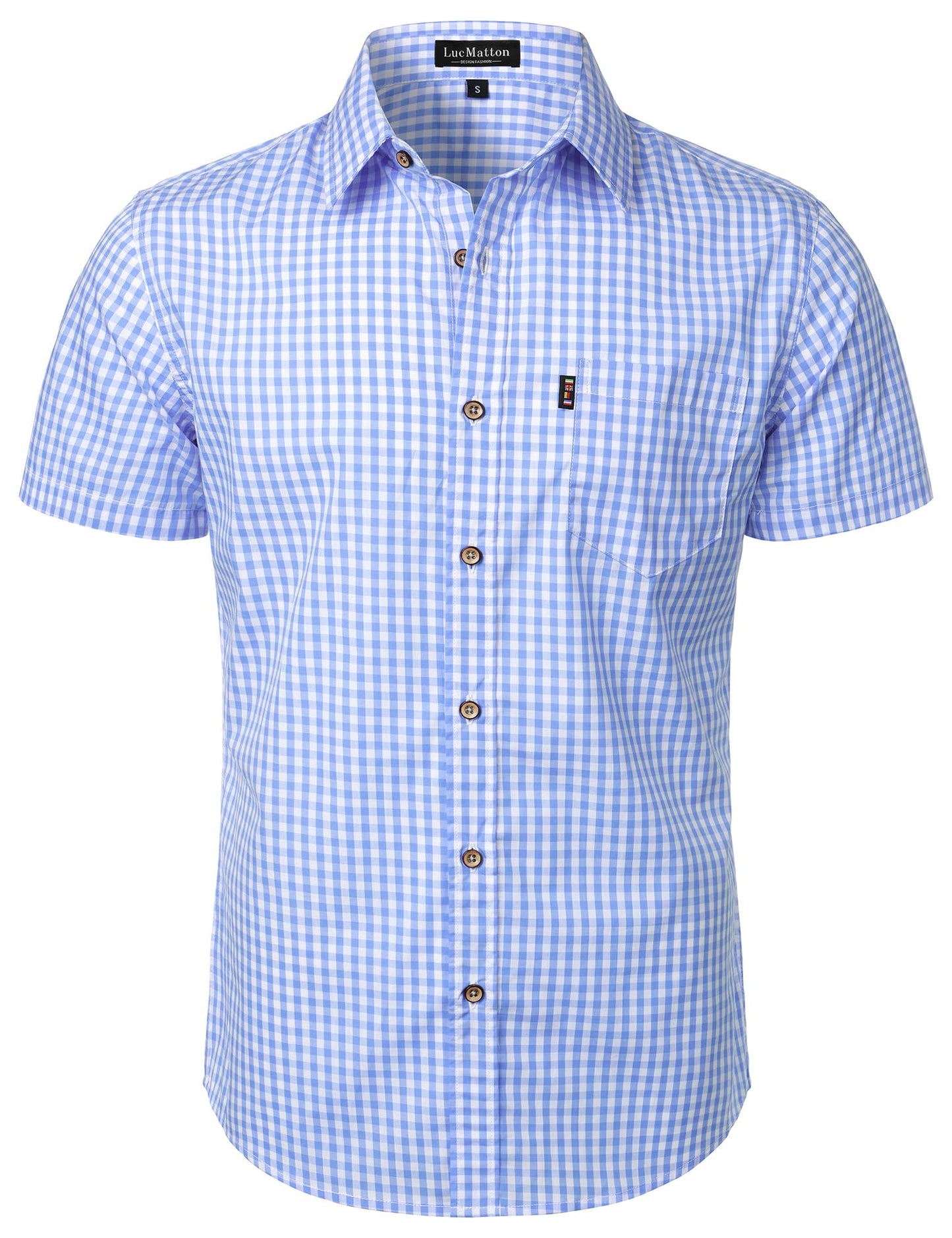 LucMatton Men's Gingham Short Sleeve Button Down Shirt Cotton Regular Fit Plaid Dress Shirts with Pocket