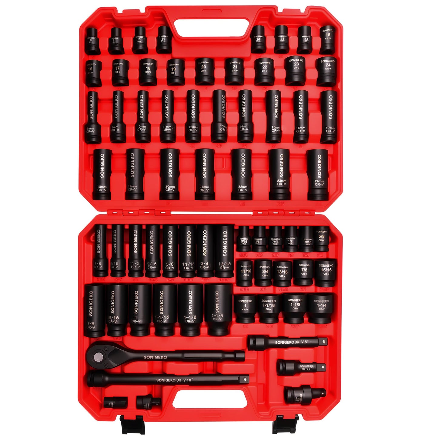 SONIGEKO Socket Set 1/2" Drive Impact Socket Set,29-Piece 6 Point Deep Socket Set Standard SAE and Metric