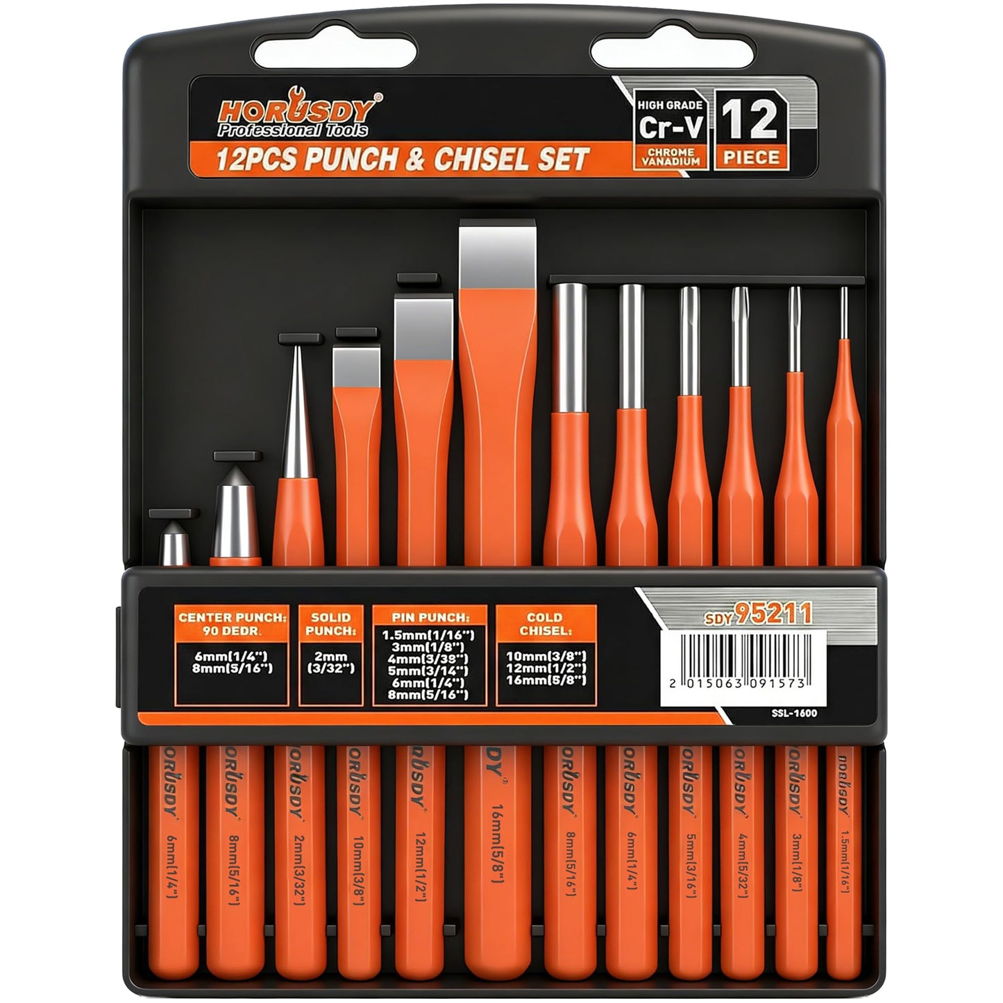 HORUSDY 16-Piece Punch and Chisel Set, Including Taper Punch, Cold Chisels, Pin Punch, Center Punch