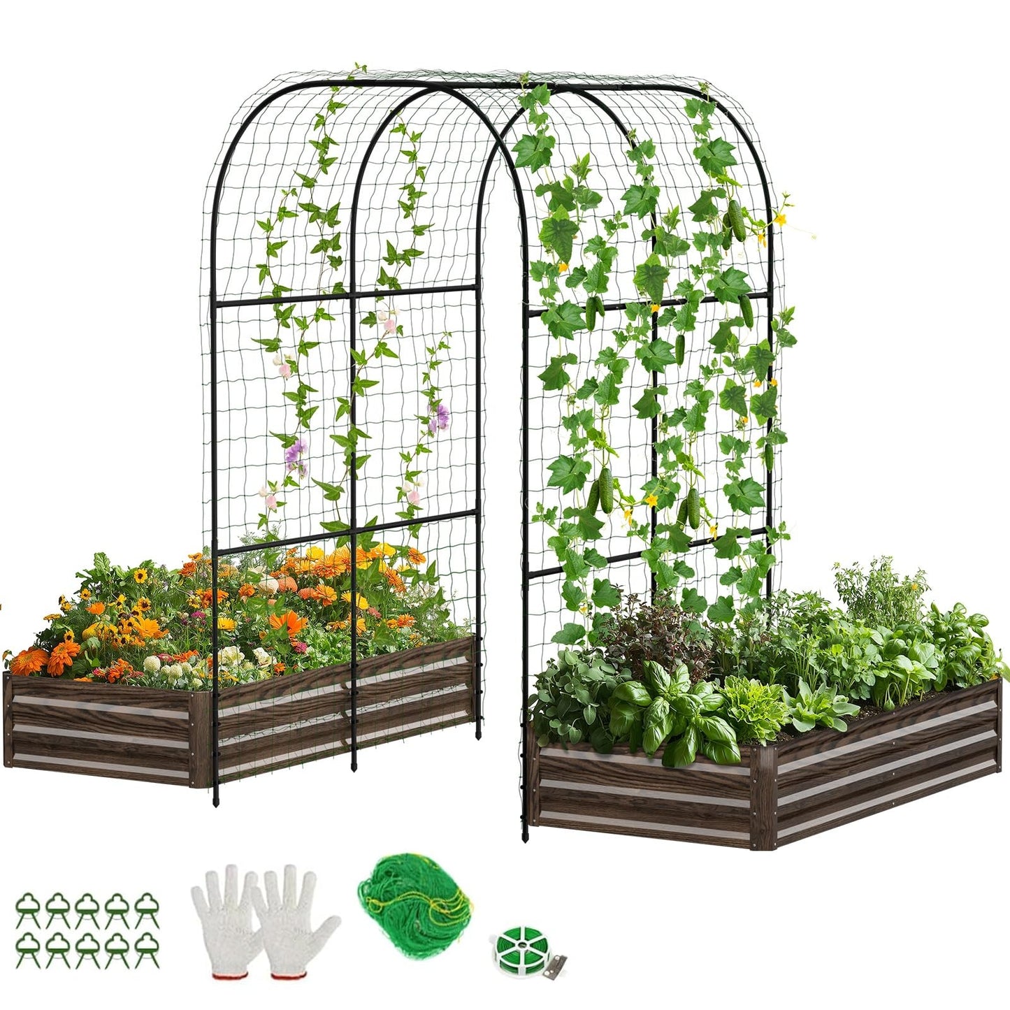 DoCred Raised Garden Bed with 87in Tall Arch Trellis for Climbing Plants, Galvanized Planter Garden Box Outdoor for Gardening, Climbing Vegetables, Flower
