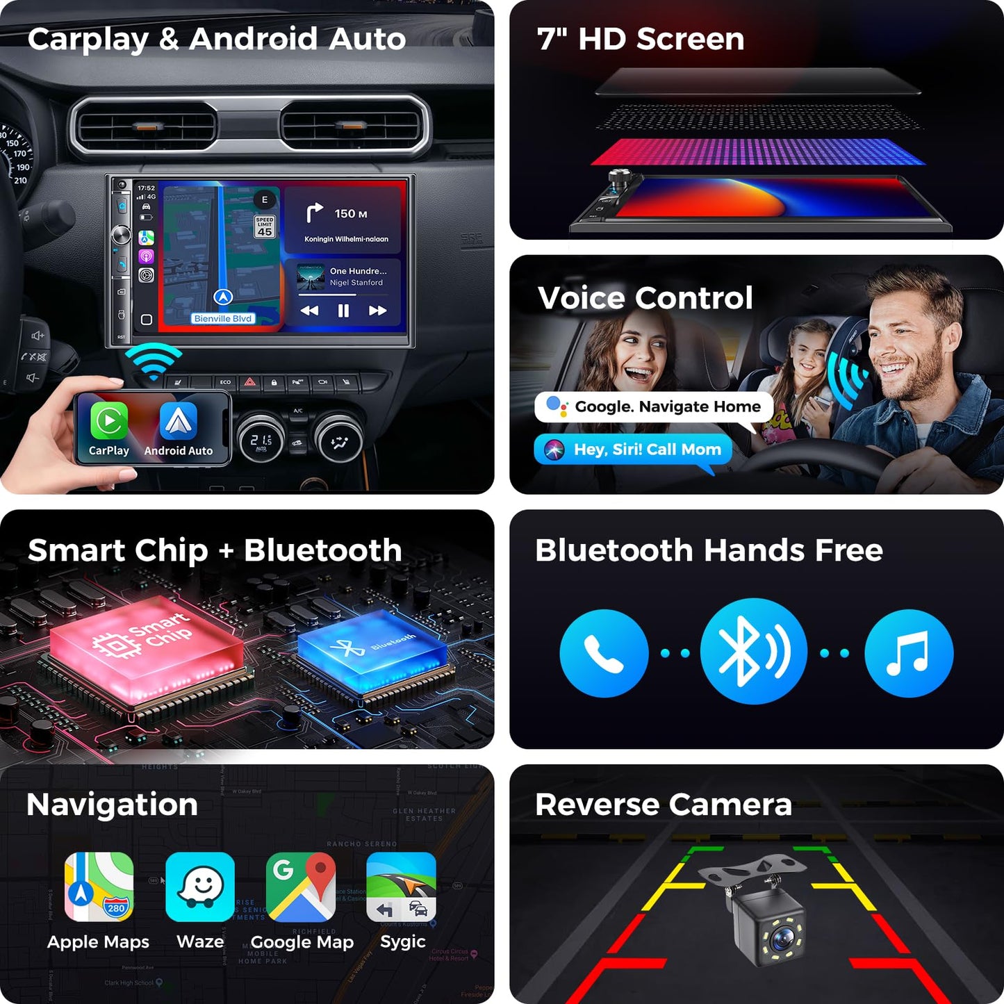 Kissound 7" Double Din Car Stereo with Wireless Apple Carplay & Android Auto, 240W, SWC, Subwoofer Out, Bluetooth, Mirror Link, USB-C/AUX/TF,FM/AM，Car Radio Receiver