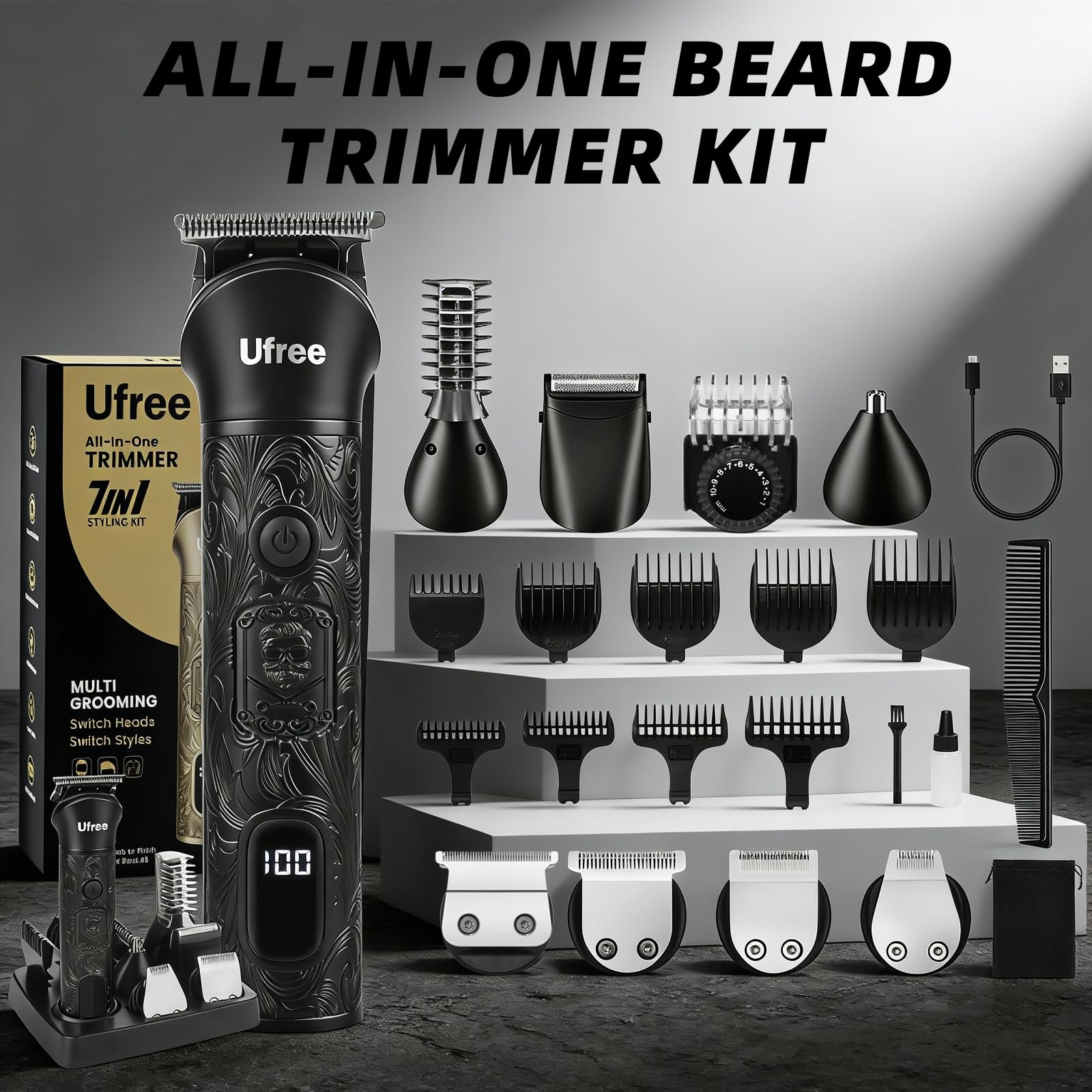 Ufree Beard Trimmer for Men, Electric Razor Shaver, Cordless Hair Clipper Shaving Kit for Mustache Body Nose Ear Hair Facial, Adjustable Beard Grooming Kit Birthday Gifts for Men