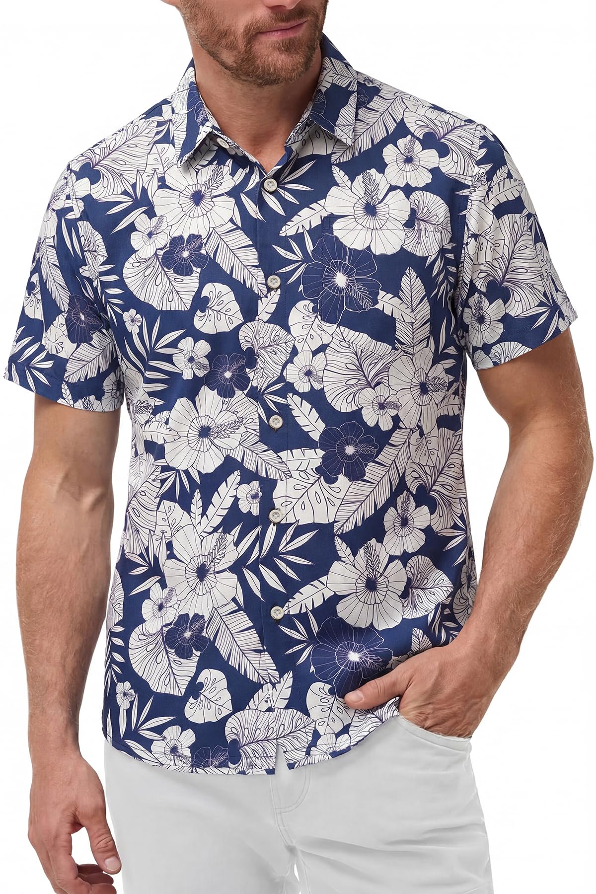 KYKU Mens Hawaiian Shirts Short Sleeve Button Down Summer Vacation Beach Shirts, Pleated Back, with Pocket