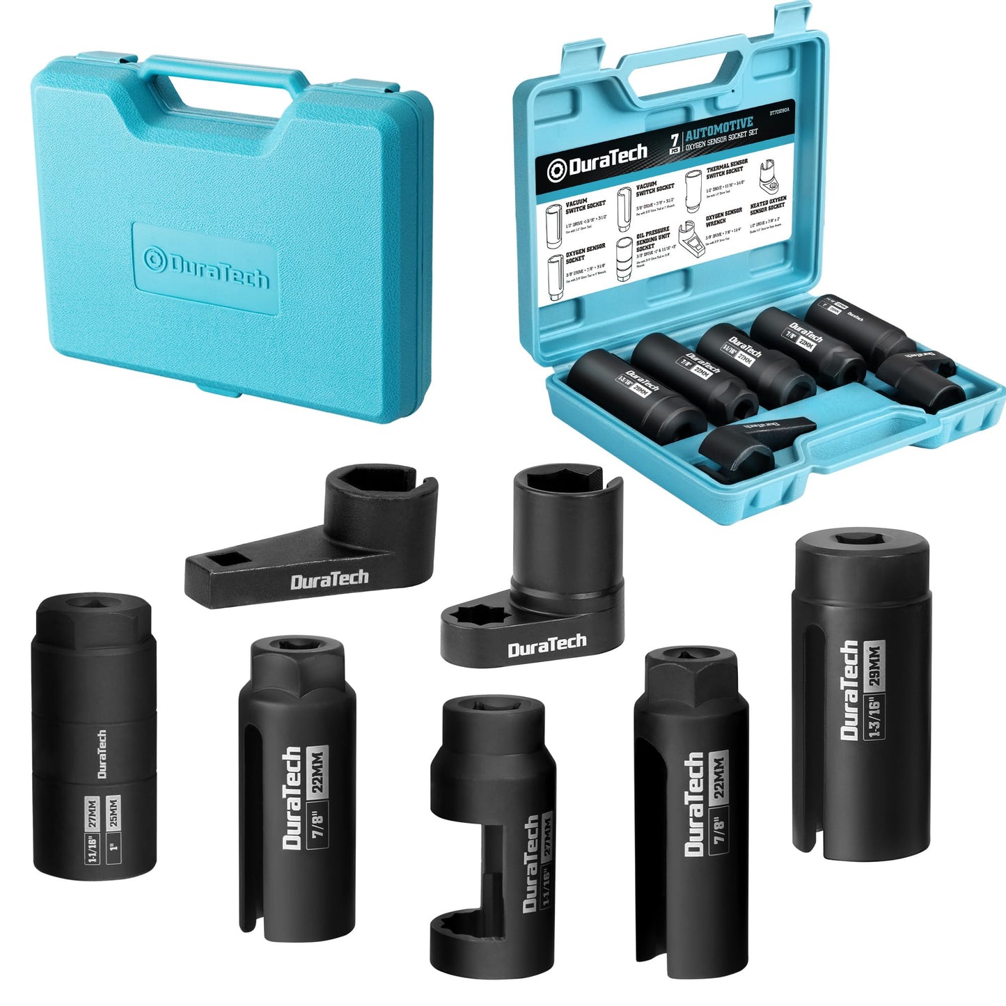 DURATECH 5PCS & 7PCS O2 Oxygen Sensor Socket Thread Chaser Set, 1/2" 3/8" Drive x 22mm (7/8") 27mm 29mm Oxygen Sensor Remover, O2 Sensor Removal Tool Kit