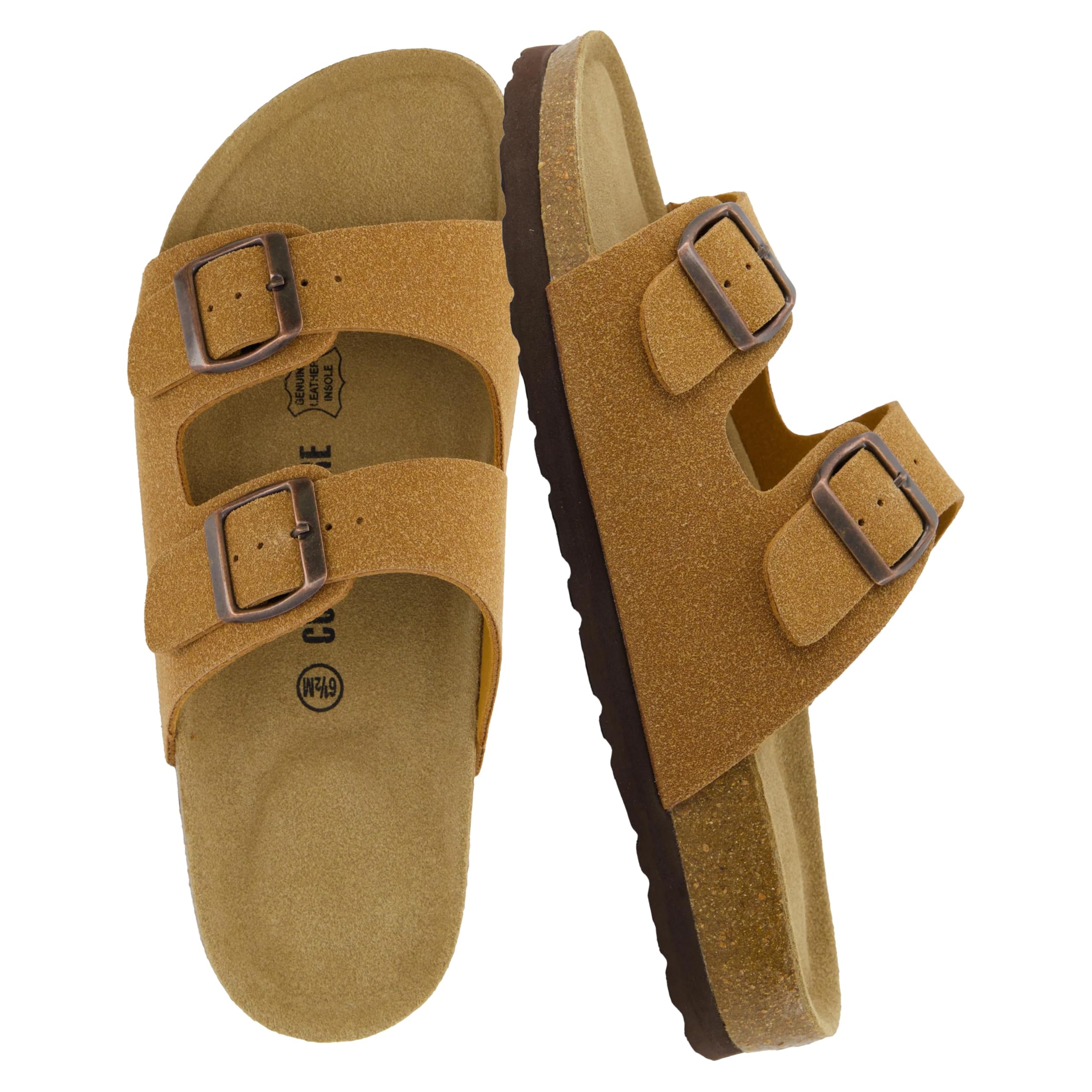 CUSHIONAIRE Lane Cork Footbed Sandals for Women – Comfortable Double Buckle Slip-On with Genuine Suede Footbed & Arch Support Slides for Women Footwear