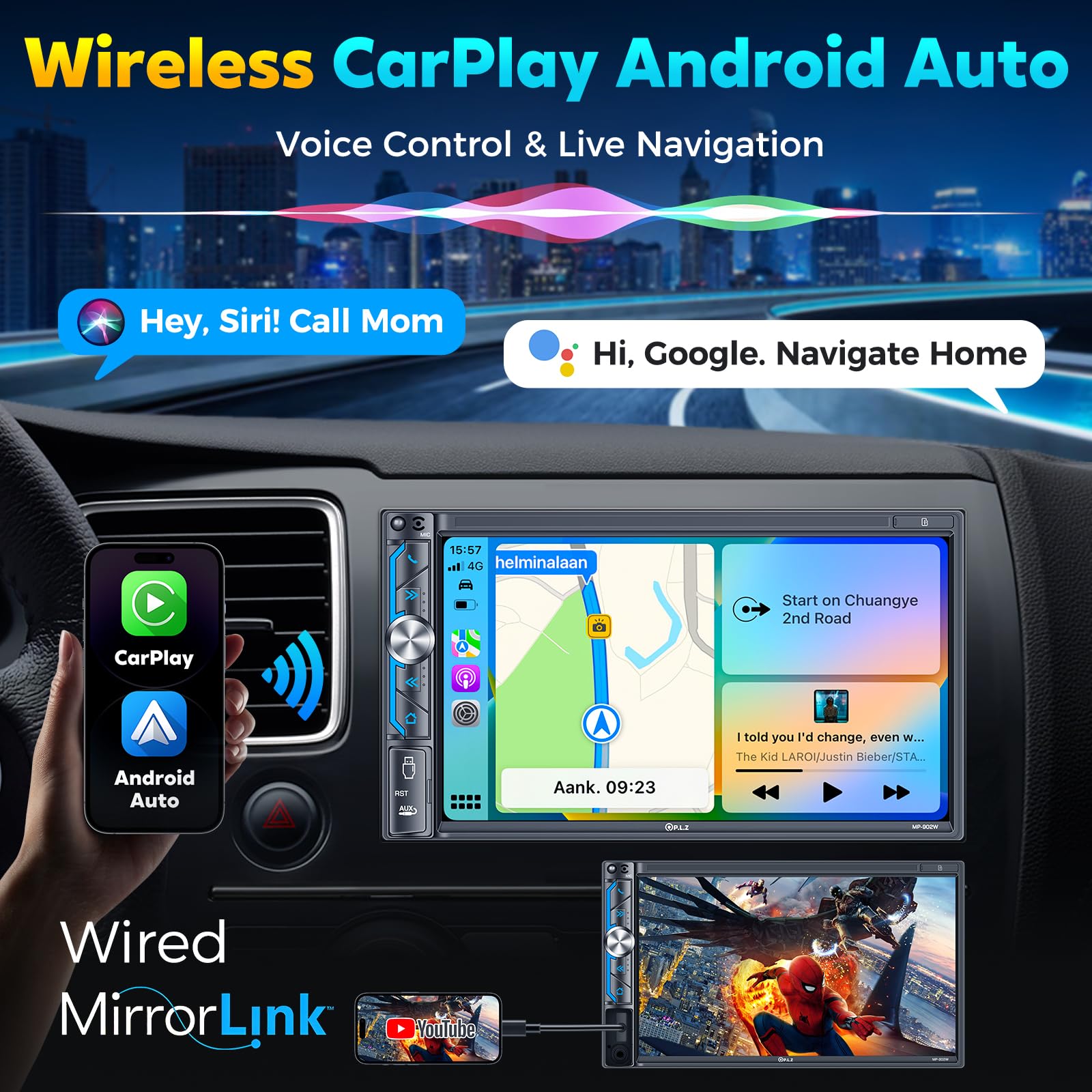 PLZ Car Stereo Wireless Apple Carplay Android Auto, Bluetooth Audio/Radio Receivers