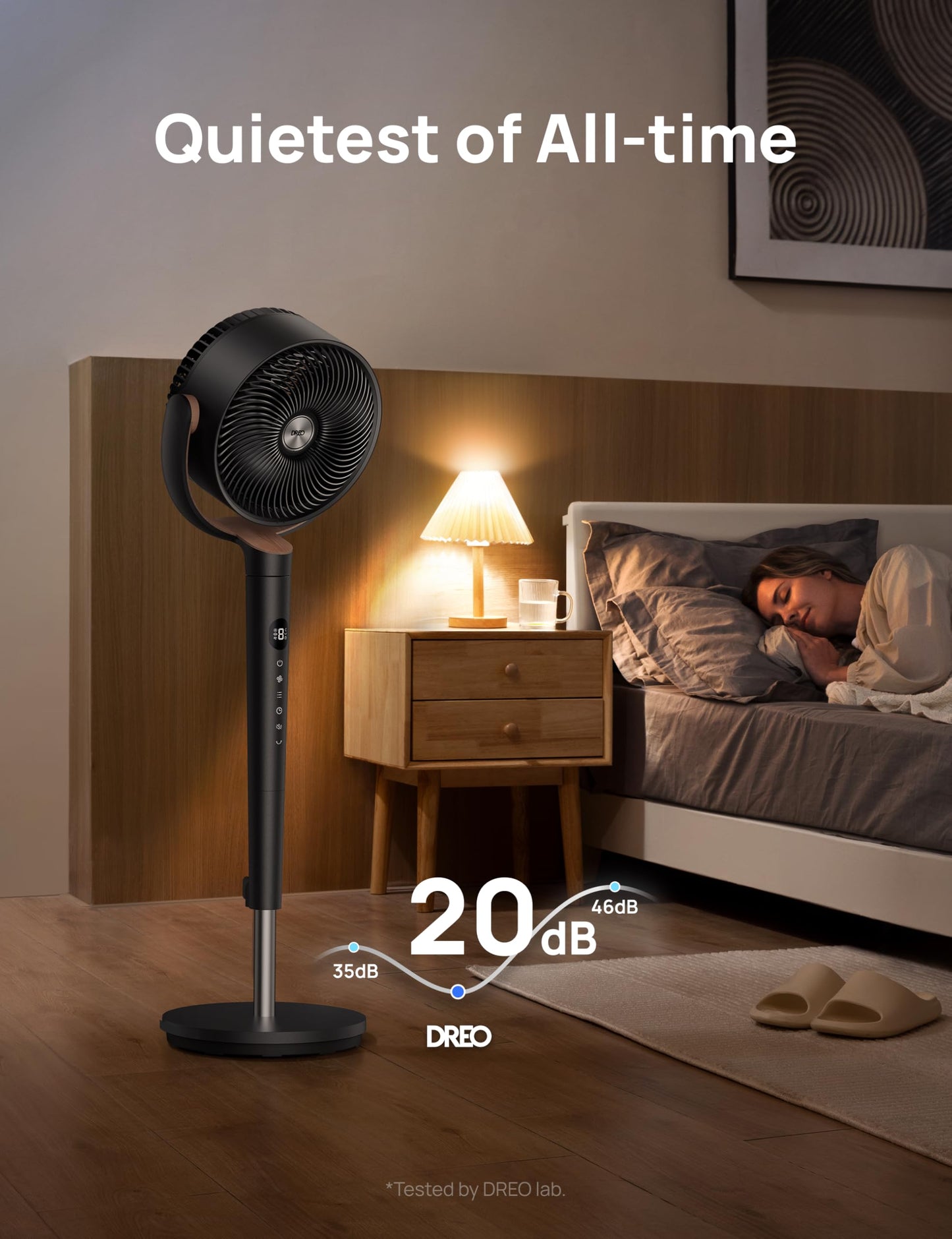 DREO Fan for Bedroom, 120° Oscillating Standing Fans, Quiet Floor Fan with DC Motor, 100ft Pedestal Fans for Room, 9 Speeds, 4 modes, 20dB, 120° Manual Vertical, 37-42" Adjustable Height, 9H Timer