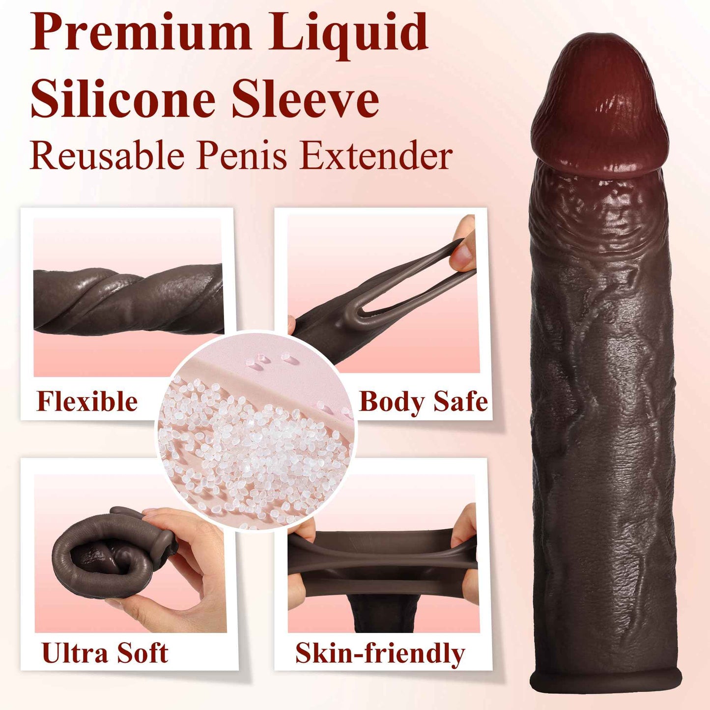 Realistic Penis Sleeve Extender for Men, Liquid Silicone Cock Sleeve with Testicle Ring, Reusable Penis Enlarger Delay Ejaculation Enhance Erection Male Adult Sex Toys for Couples