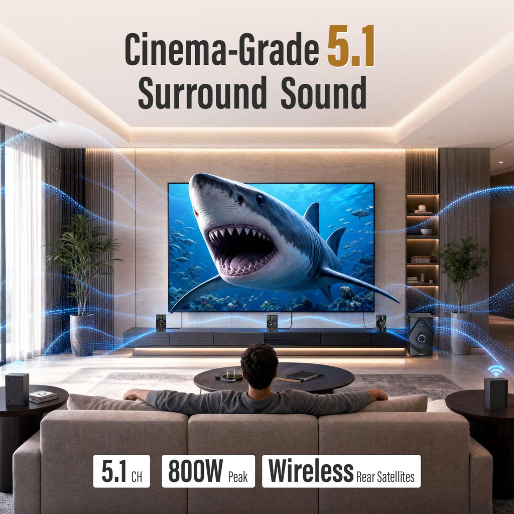 Bobtot Home Theater System Wireless Rear Satellite Speakers 800W 6.5 inch Subwoofer 5.1/2.1 Channel Surround Sound Systems with ARC Optical Bluetooth Input