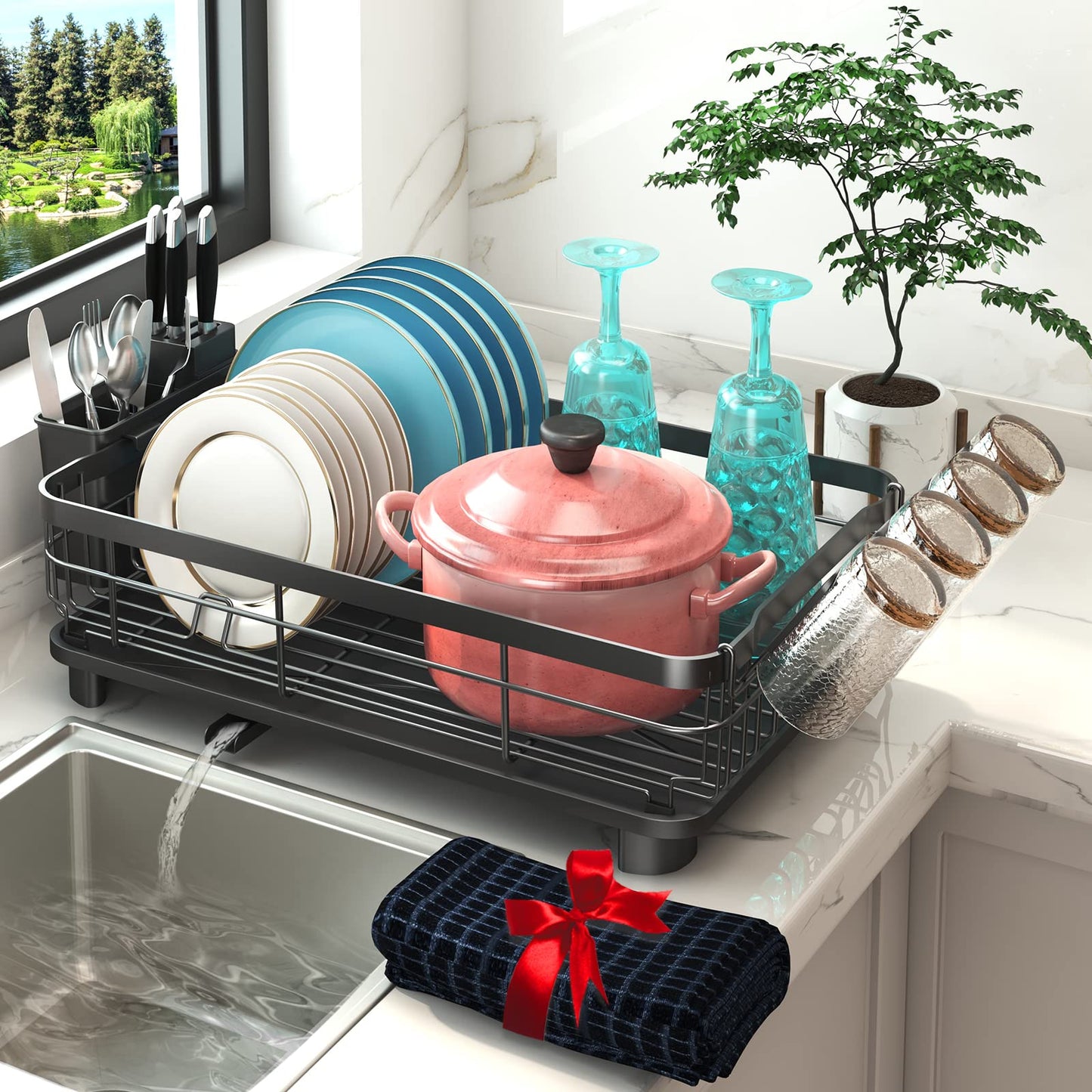 Godboat Dish Drying Rack, Dish Rack with Auto-Drain & Mat，2-Tier and 1-Tier, Black