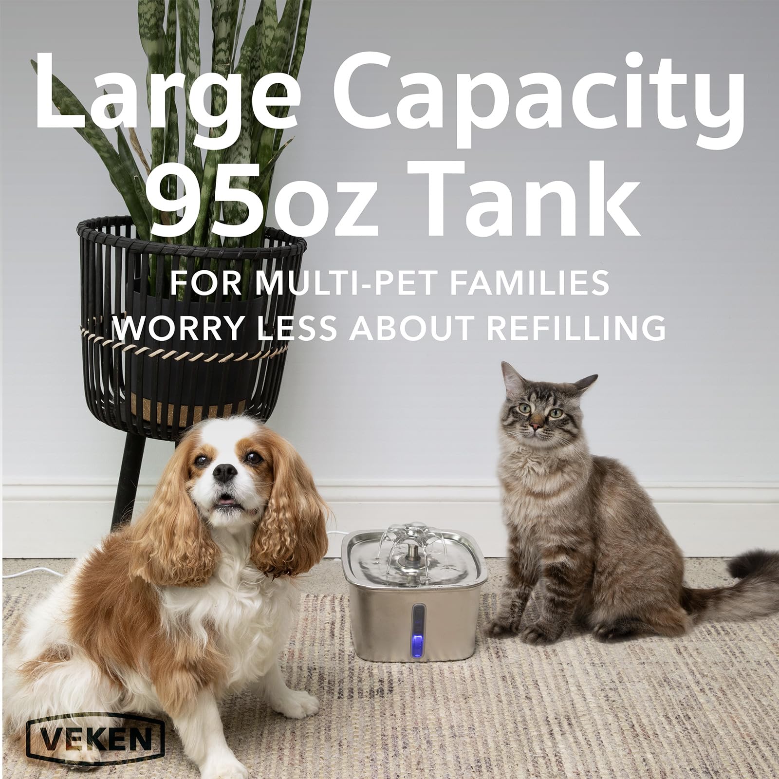 Veken Innovation Award Winner Stainless Steel Cat Water Fountain, Automatic Pet Fountain Dog Water Dispenser with Replacement Filters & Silicone Mat for Cats, Dogs, Multiple Pets