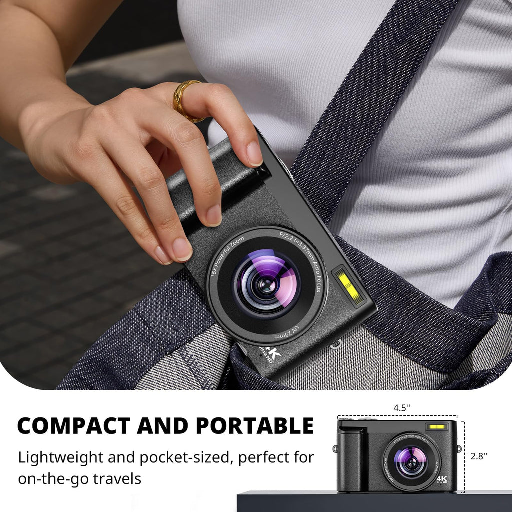 Duluvulu 4K Digital Camera for Photography Autofocus, 2026 Latest 48MP Vlogging Camera for YouTube with SD Card, 2 Batteries, 3" 180°Flip Screen Compact Travel Camera for Teens with 16X Zoom