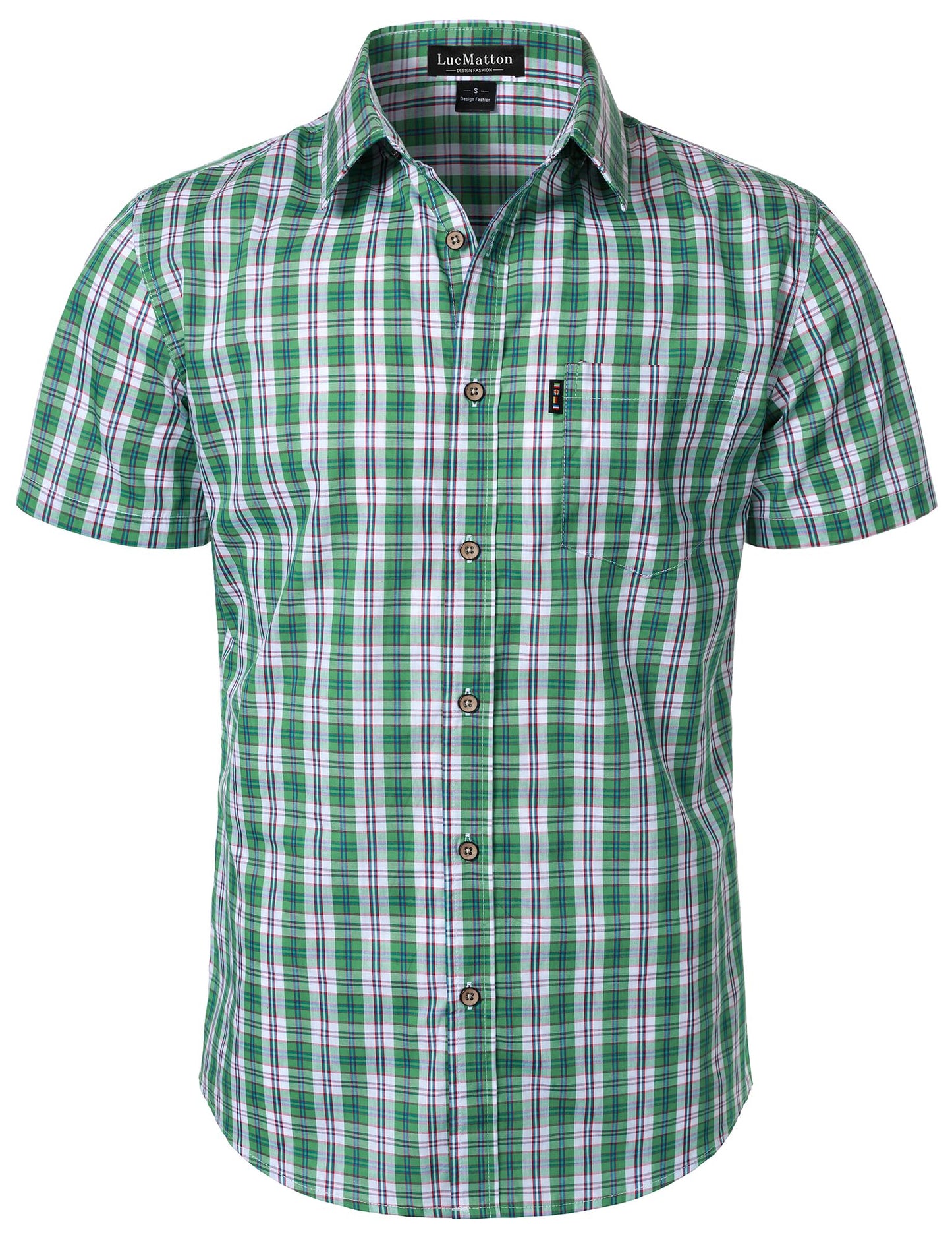 LucMatton Men's Gingham Short Sleeve Button Down Shirt Cotton Regular Fit Plaid Dress Shirts with Pocket