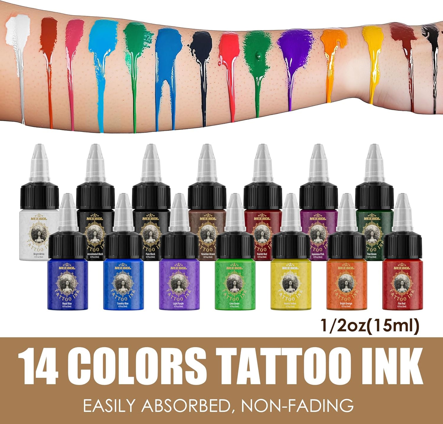 Neebol Tattoo Ink Set 14 Colors Professional Pigment 0.5 fl oz