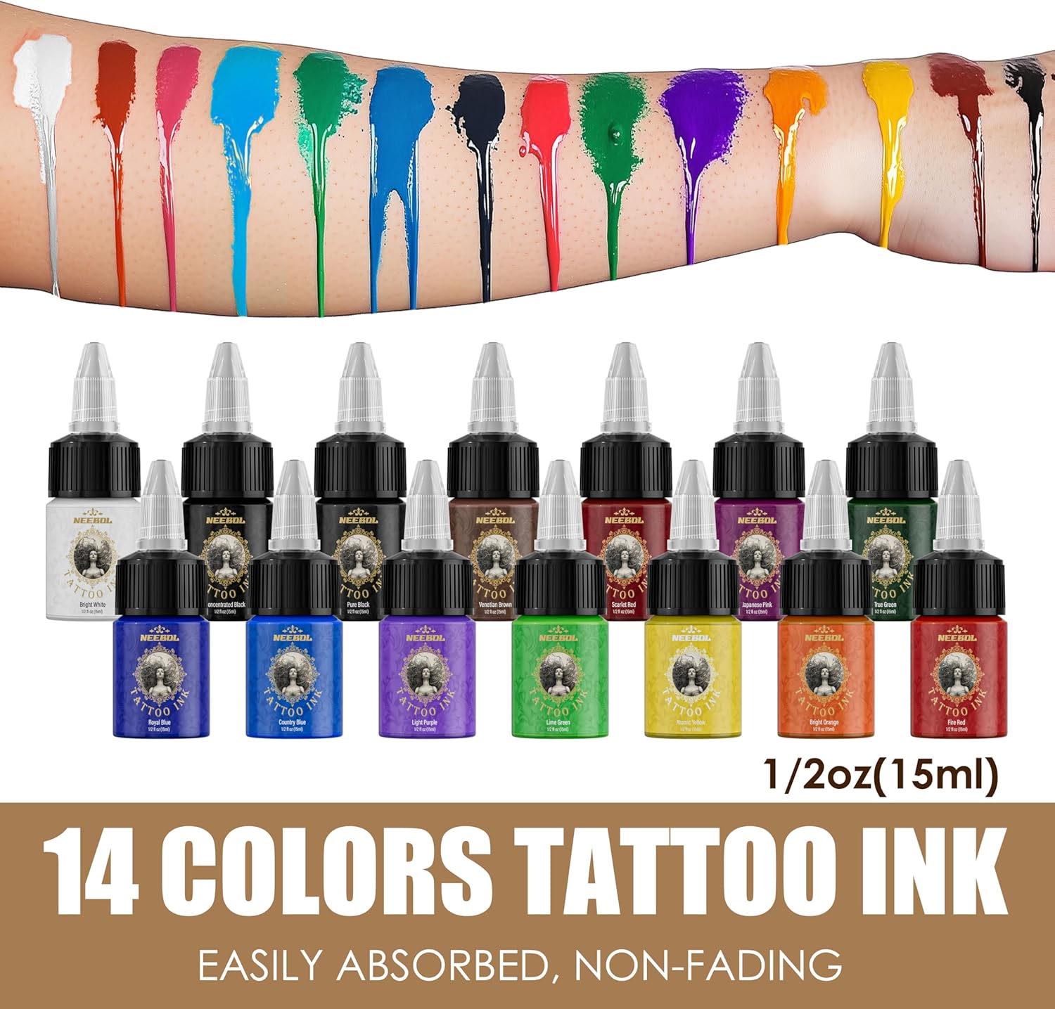 Neebol Tattoo Ink Set 14 Colors Professional Pigment 0.5 fl oz