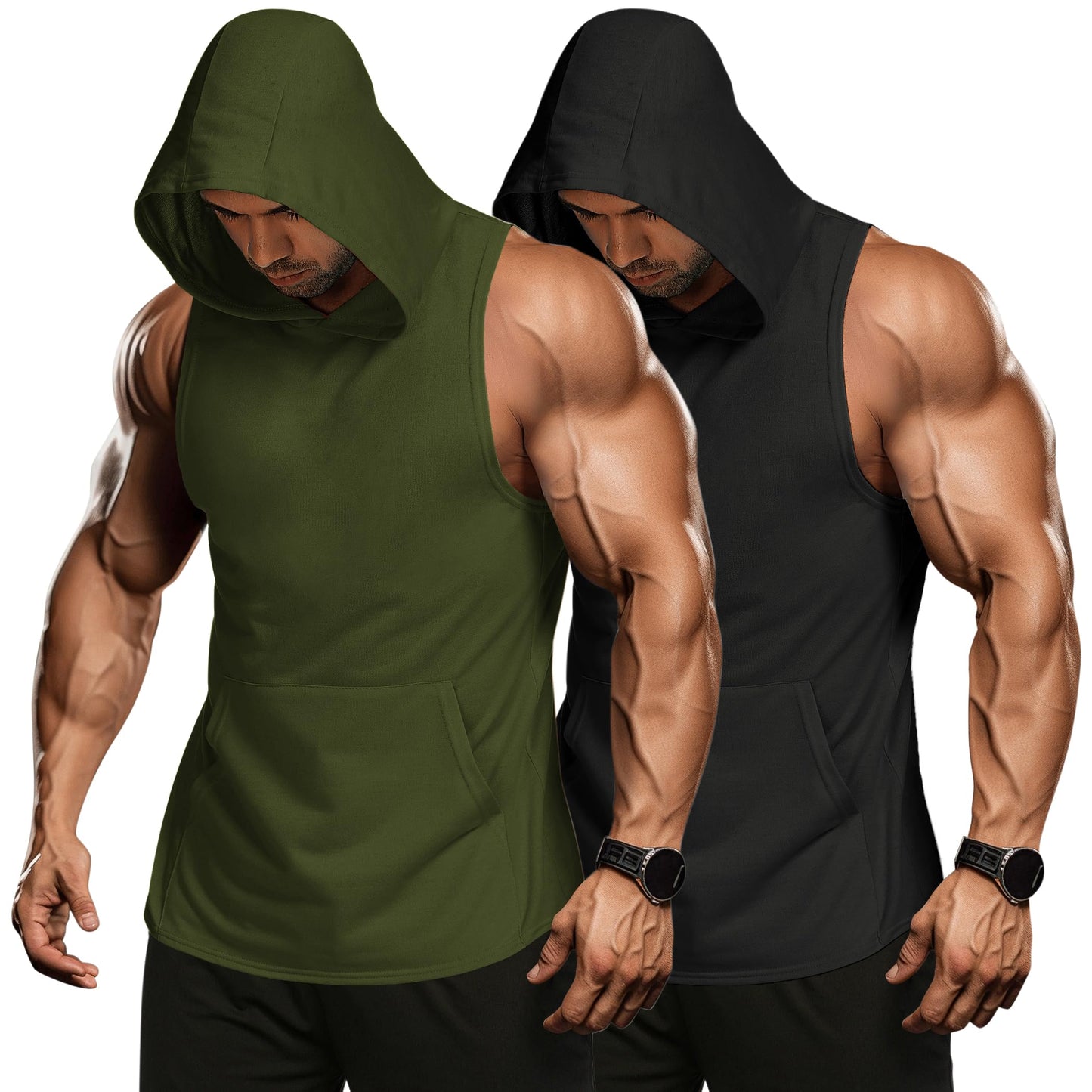 COOFANDY Men's 2 Pack Workout Hooded Tank Tops Bodybuilding Muscle Cut Off T Shirt Sleeveless Gym Hoodies
