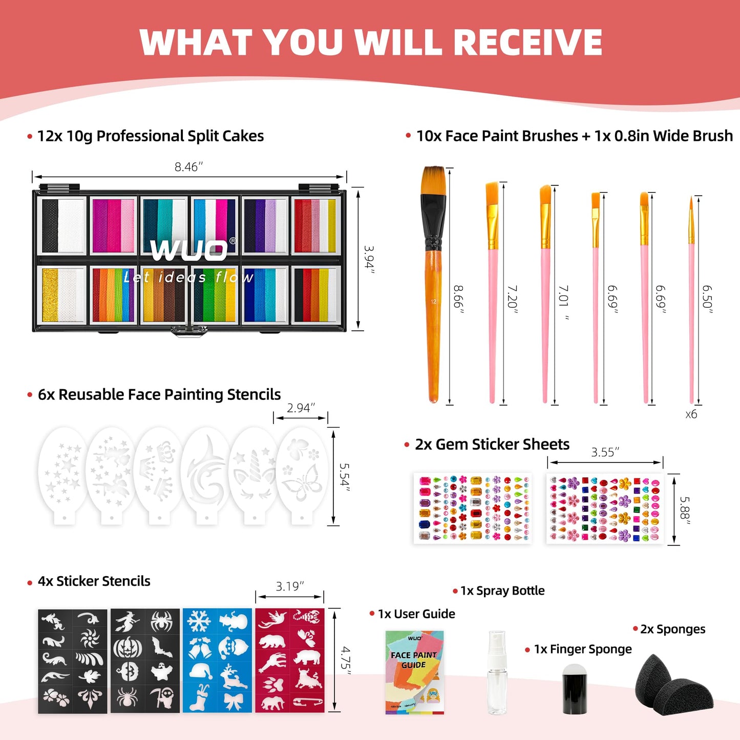 WUO Professional Face Painting Kit for Kids Adults, 12x10g Split Cake Face Paint Palette with Brushes Stencil Sponge One Stroke Non Toxic Rainbow Body Paint Set for Halloween Christmas Makeup