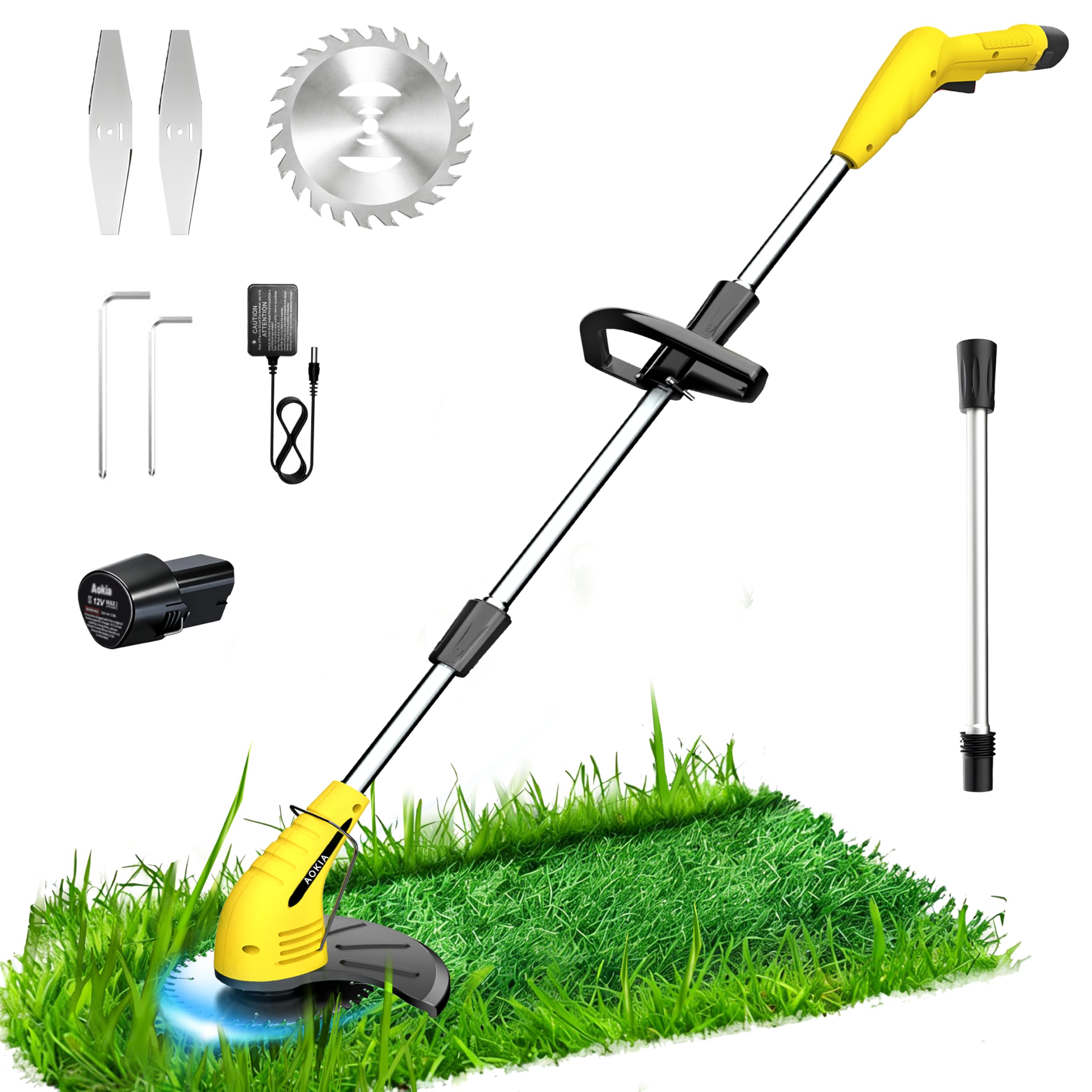 Aokia Electric Weed Wacker Cordless, 12V Battery Powered Weed Eater Cordless with Adjustable Pole (65inch), Lightweight Grass Trimmer Cutter/Edger/Mower with 2 Types Blade for Yard Lawn and Garden
