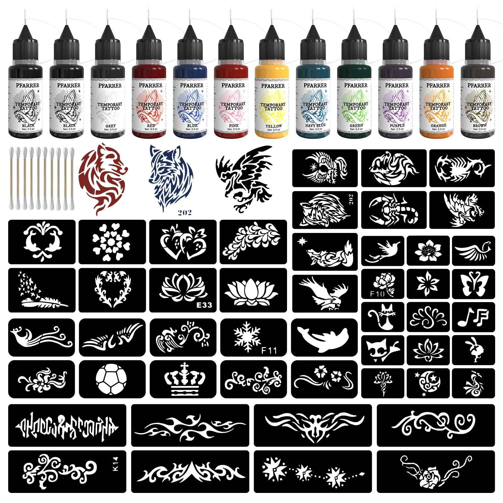 PFARRER Temporary Tattoo Kit Ink,49 Big Pcs Stencils Kit for Body Paint DIY Fake Tattoos for Kids