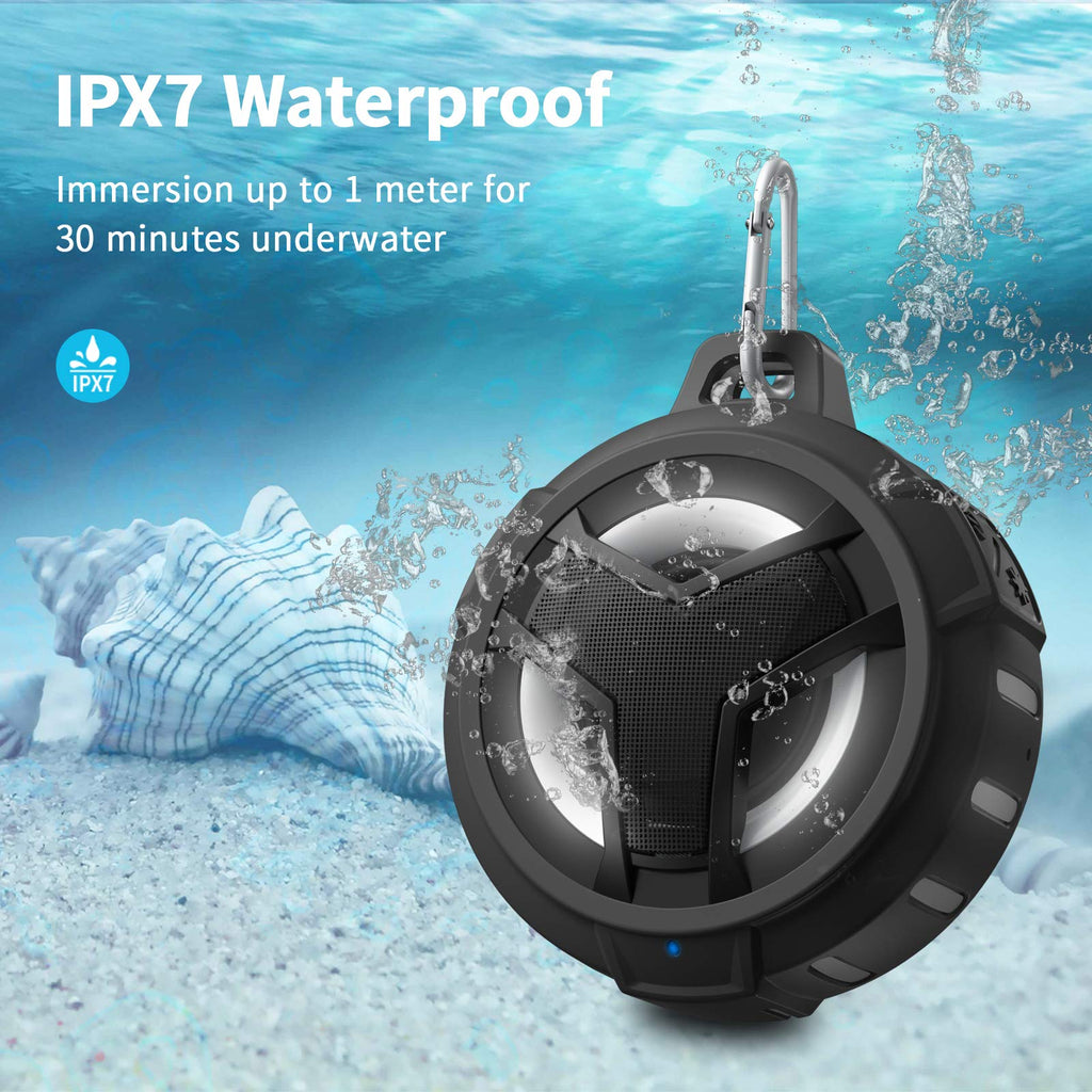 EBODA Shower Speaker, IP67 Waterproof Portable Bluetooth Speakers, TWS Speakers with Stereo Sound, Colorful LED Light and 2000mAh, Hands-Free Calling, Great for Shower, Pool, Beach, Hiking, Camping