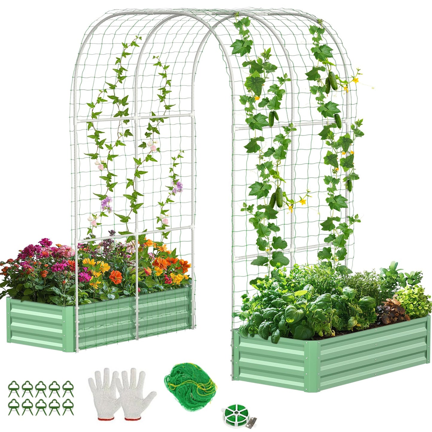 DoCred Raised Garden Bed with 87in Tall Arch Trellis for Climbing Plants, Galvanized Planter Garden Box Outdoor for Gardening, Climbing Vegetables, Flower