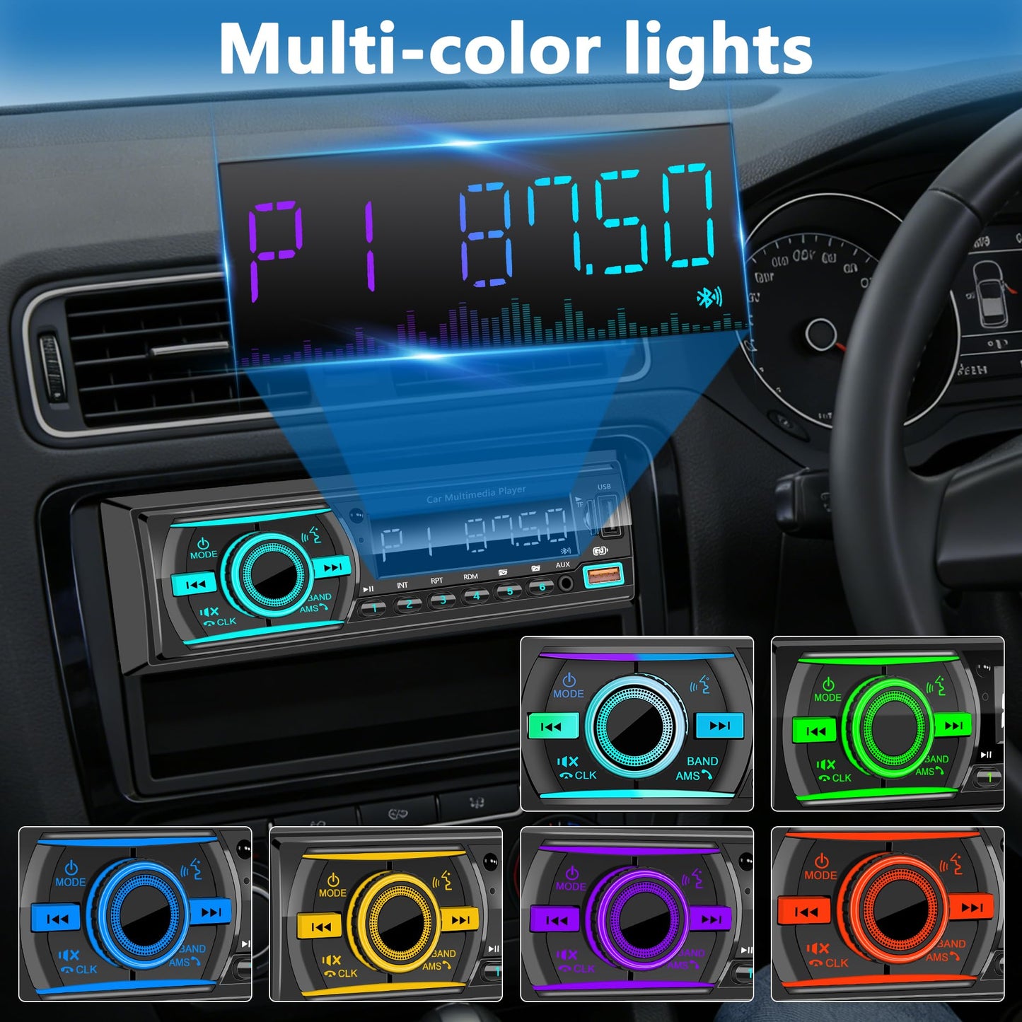 Marine Radio Single DIN Bluetooth Car Stereo System, Boat Radio Receiver Head Unit with Built-in Mic, Digital LCD, FM, EQ, MP3, RCA, USB, TF Card & Remote Control for Audio Upgrade
