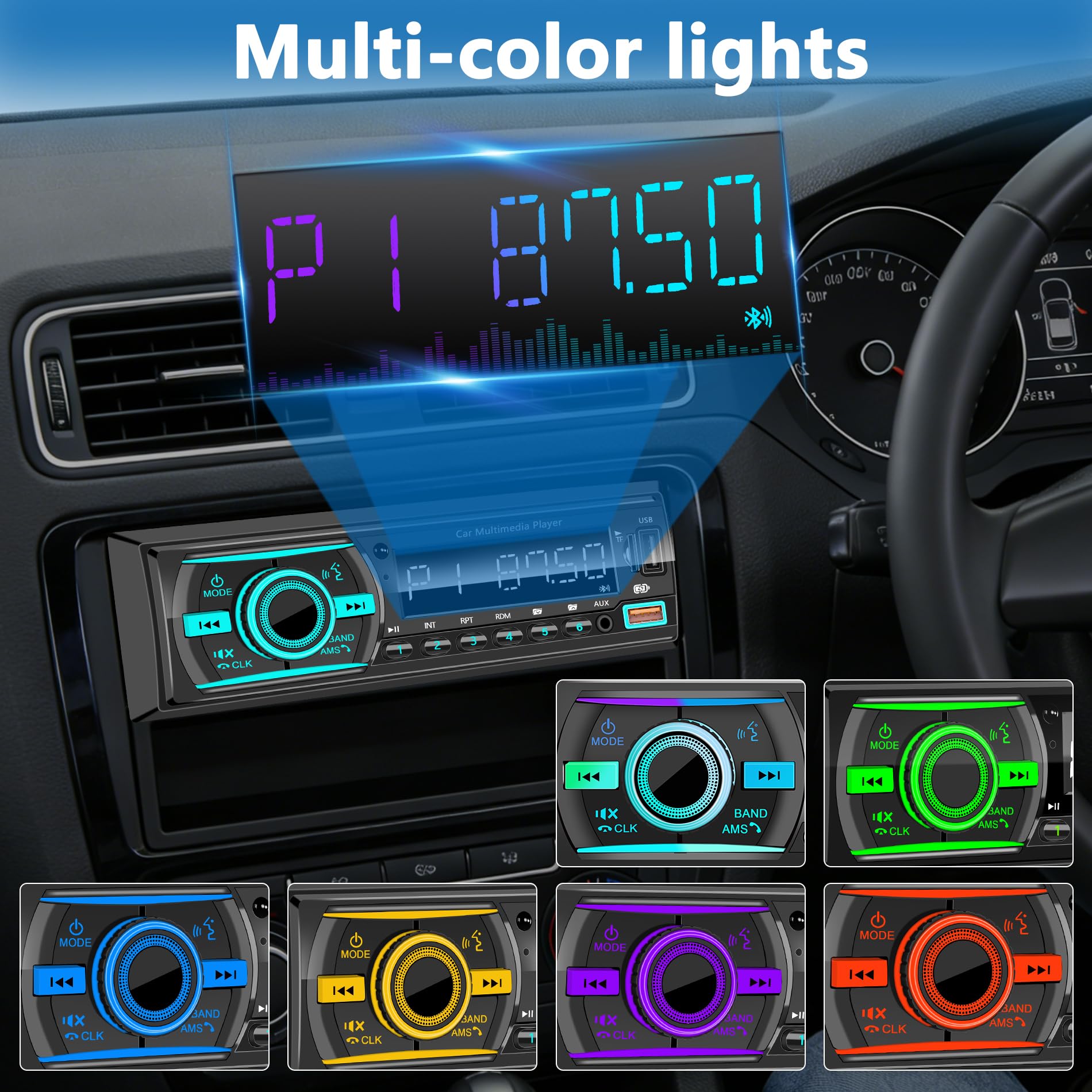 Marine Radio Single DIN Bluetooth Car Stereo System, Boat Radio Receiver Head Unit with Built-in Mic, Digital LCD, FM, EQ, MP3, RCA, USB, TF Card & Remote Control for Audio Upgrade