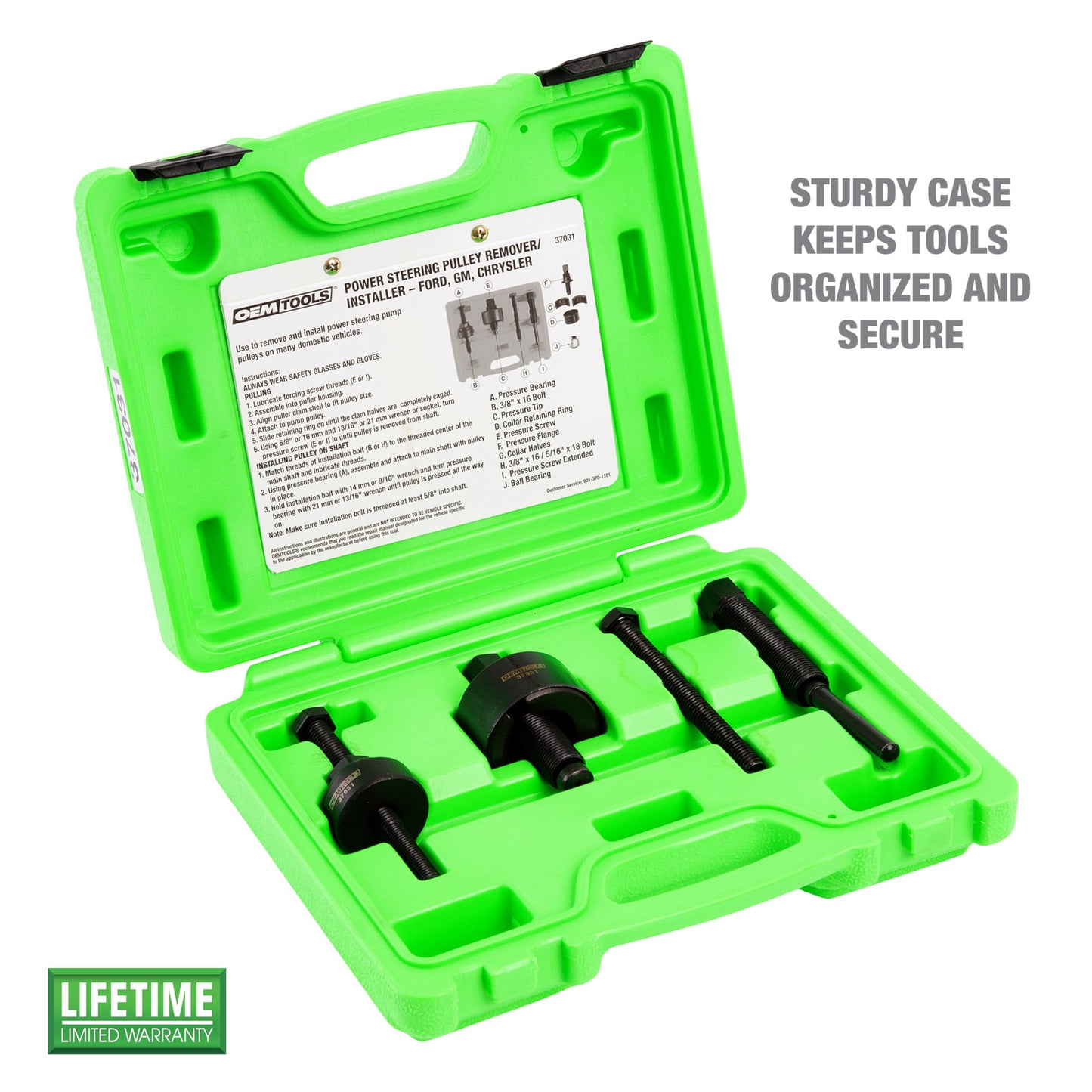 OEMTOOLS Power Steering Pulley Puller and Installer Kit, Removes and Installs Power Steering Pump Pulleys on Most Domestic Vehicles, Ford, GM, VW, 37031 Green Case