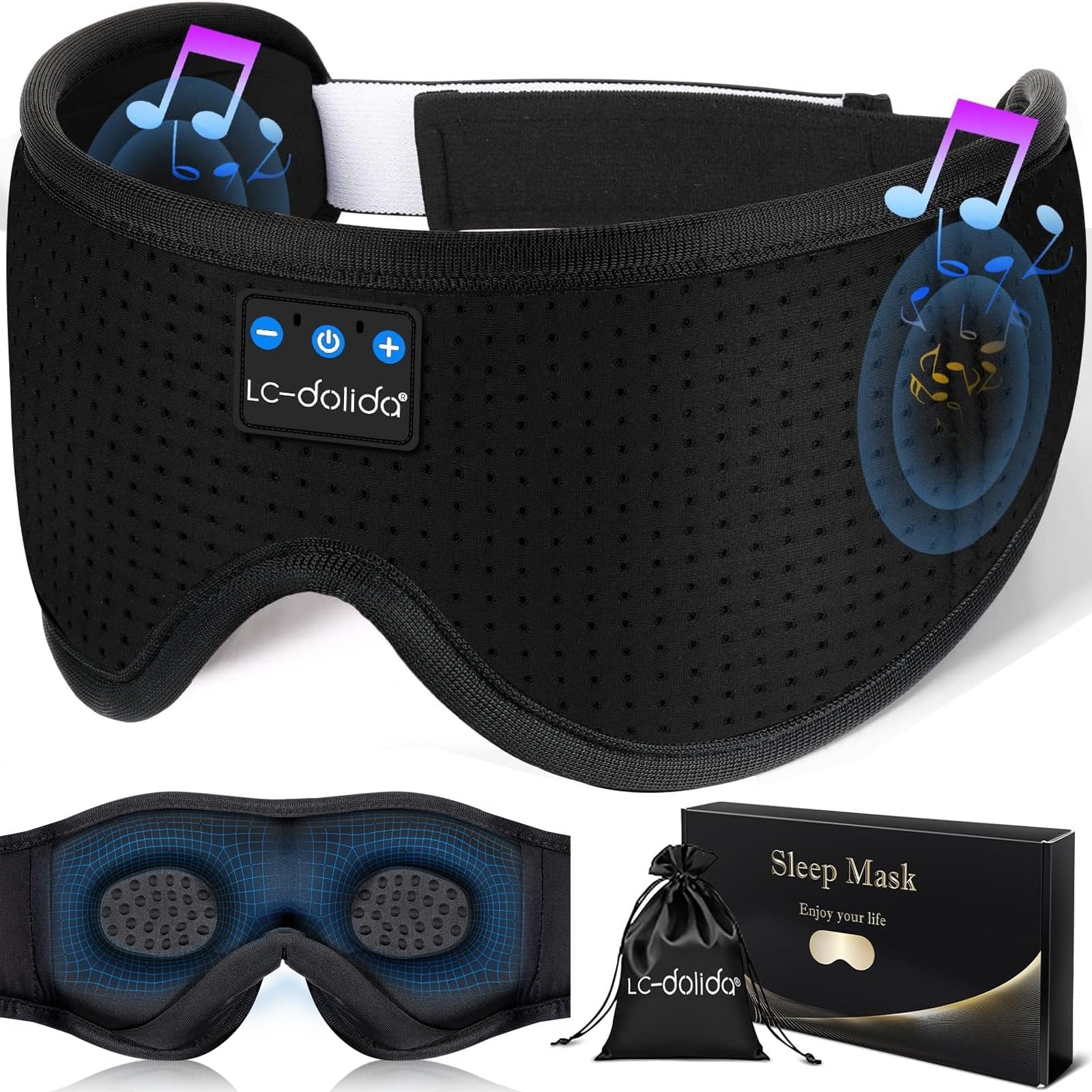 LC-dolida Sleep Headphones, 3D Sleep Mask Bluetooth Wireless Music Eye Mask, Sleeping Headphones for Side Sleepers