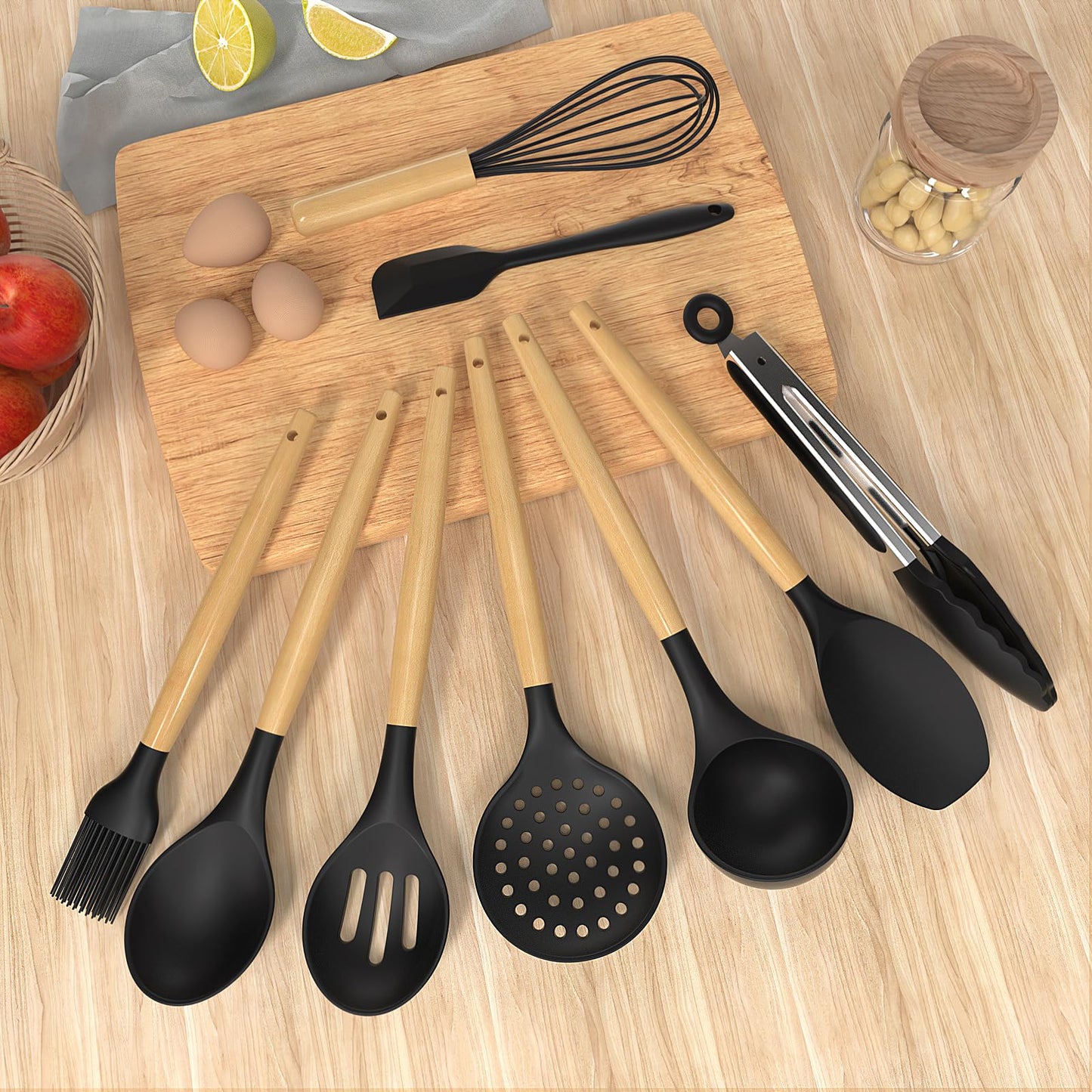 14 Pcs Silicone Cooking Utensils Kitchen Utensil Set - 446°F Heat Resistant,Turner Tongs, Spatula, Spoon, Brush, Whisk, Wooden Handle Gray Kitchen Gadgets with Holder for Nonstick Cookware (BPA Free)