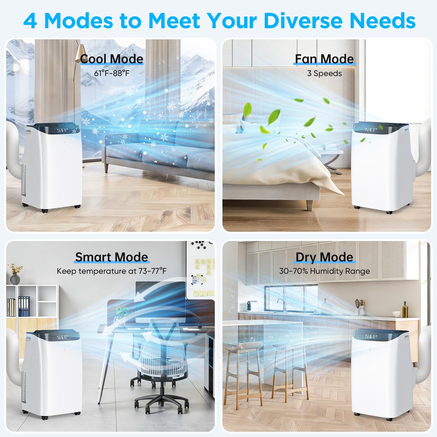 DOMANKI Portable Air Conditioner 3-IN-1 Energy Efficient Portable AC Unit with Remote Control Installation Kits for Large Room, Office, Temporary Space