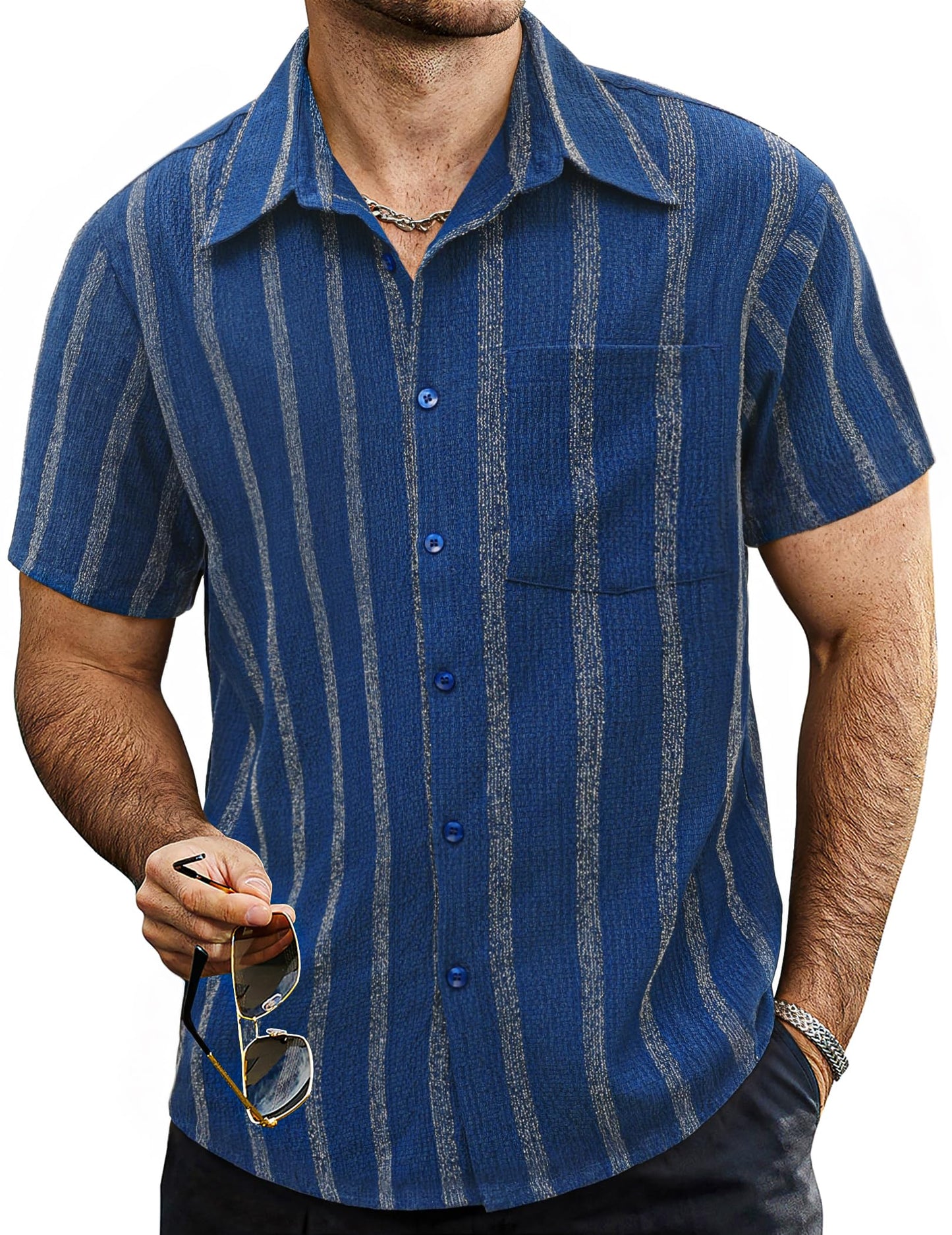 VATPAVE Mens Summer Striped Shirts Button Down Short Sleeve Vintage Beach Hawaiian Shirts with Pocket