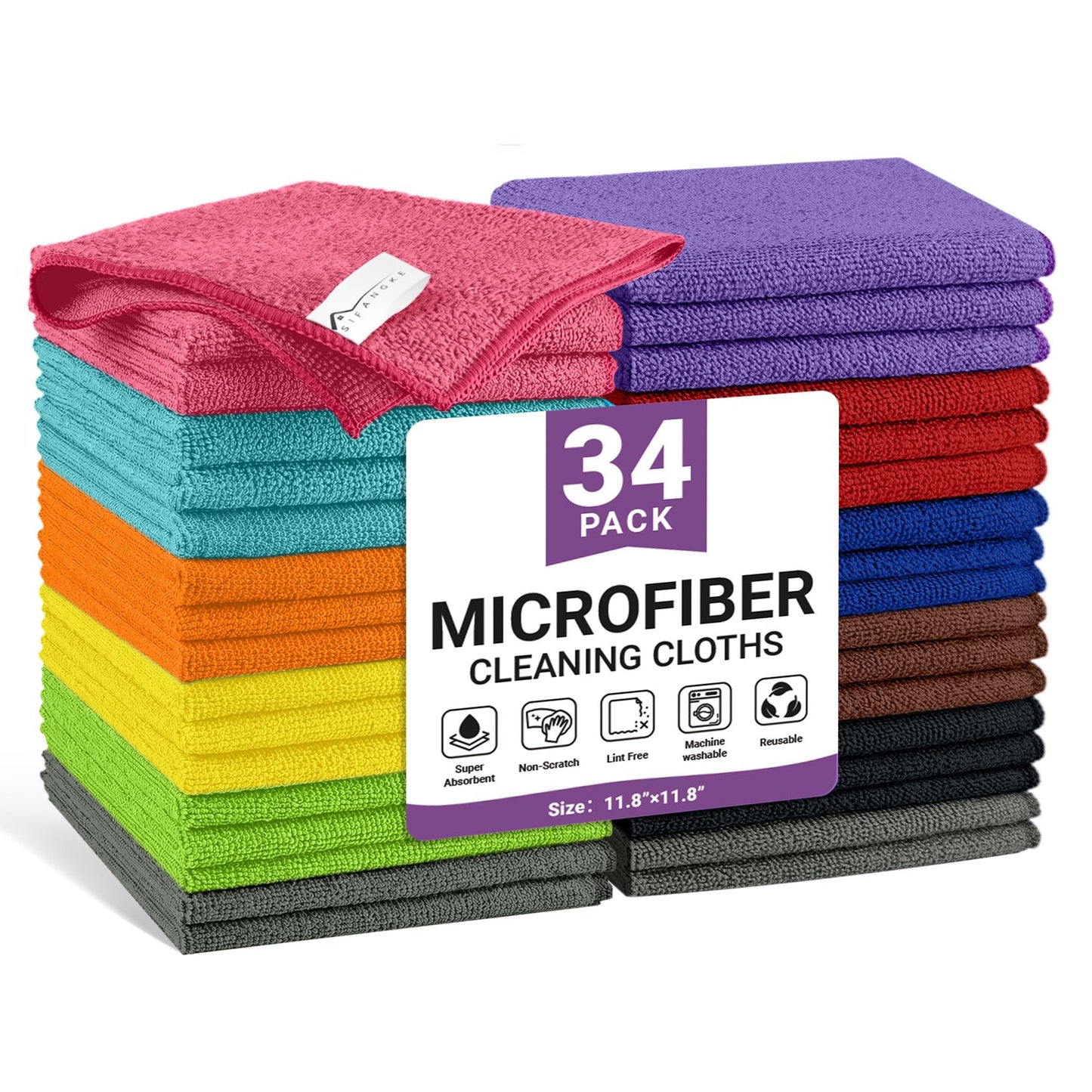 SIFANGKE Microfiber Cleaning Cloth, Lint-Free and Highly Absorbent Rags, Reusable Microfiber Towels for Car, Kitchen, Bathroom and Household Cleaning Supplies, 11.8"X11.8"