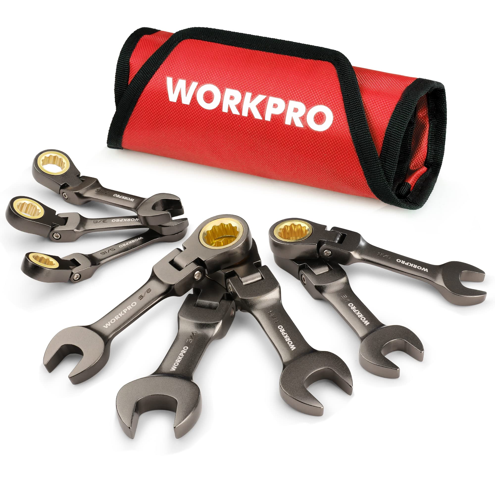 WORKPRO 8-Piece Stubby Anti-slip Ratcheting Combination Wrench Set