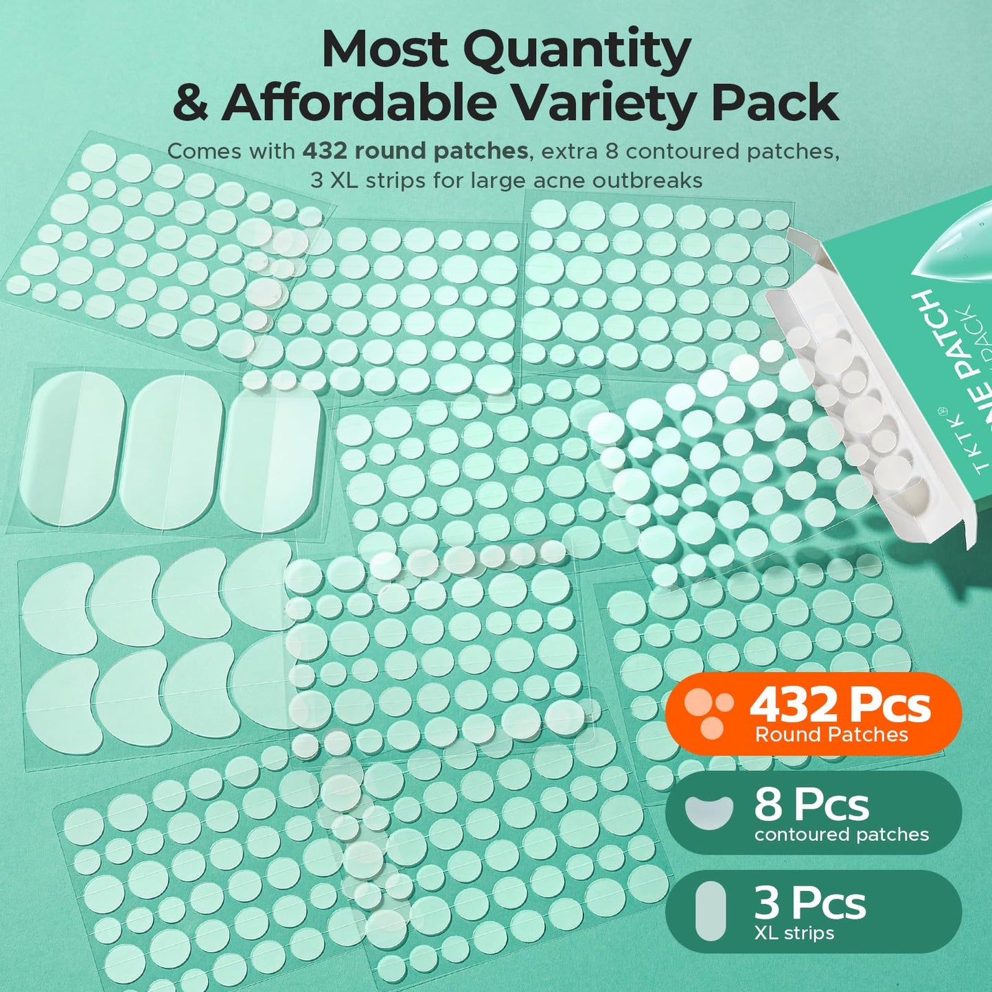 TKTK Chin Pimple Patches (100 Count 6 Sizes), XL Contoured Hydrocolloid Chin Patch 62x42 mm, Large Acne Patch for Face Blemishes Zit Breakouts, Maximum Absorption Overnight Stickers