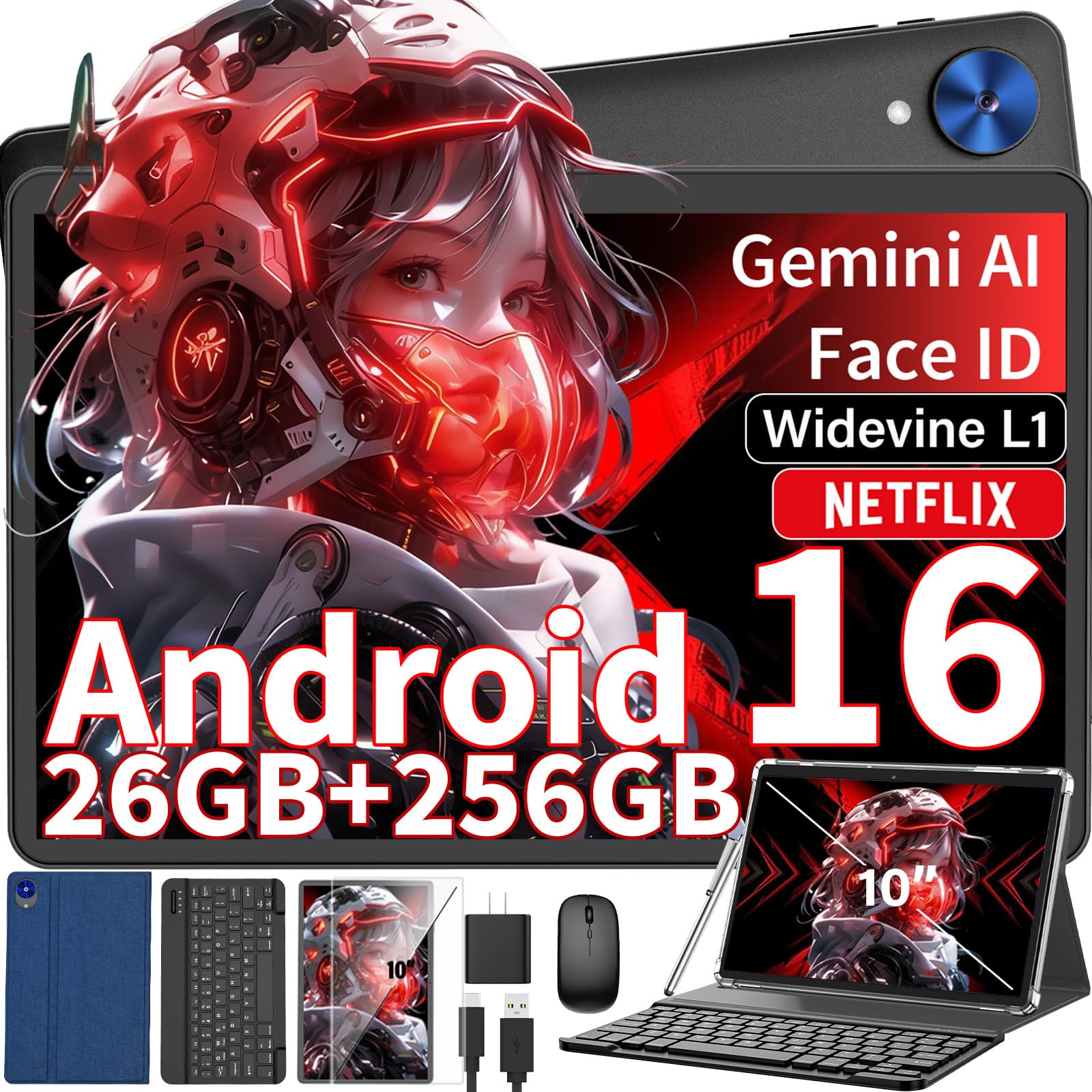 Android tablet, 2026 10 inch Android 16 tablet with keyboard, 26GB+256GB+2TB Expand, AI Tablet with Gemini, 8-Core, 8000mAh, 5G WiFi, GPS, GMS, Electronics Tablets with Case/Mouse/Stylus(Black Case)