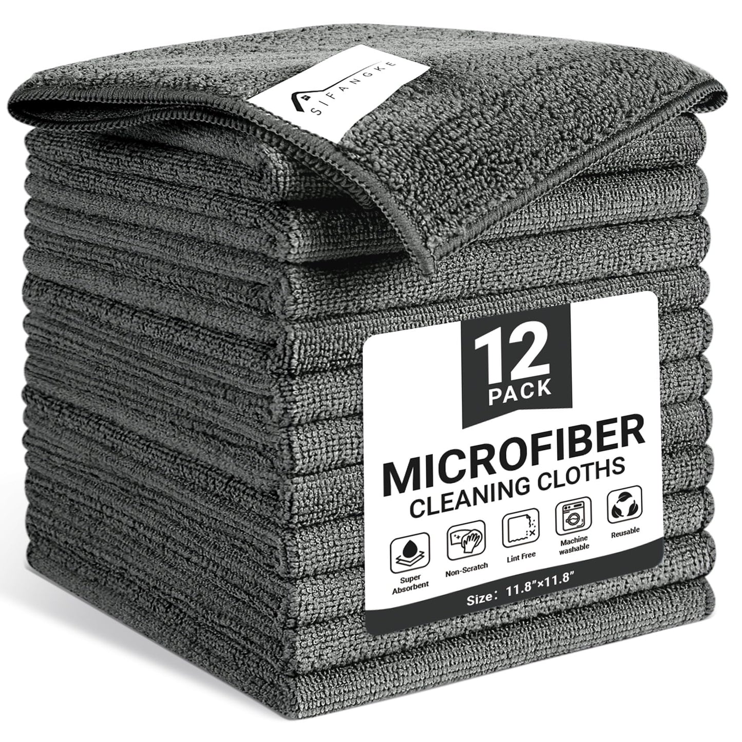 SIFANGKE Microfiber Cleaning Cloth, Lint-Free and Highly Absorbent Rags, Reusable Microfiber Towels for Car, Kitchen, Bathroom and Household Cleaning Supplies, 11.8"X11.8"
