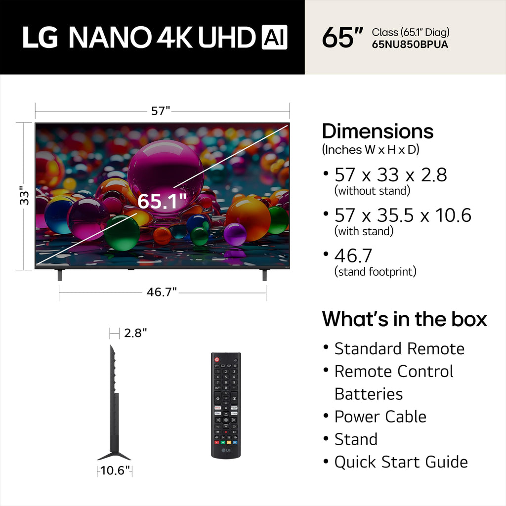 LG 65-Inch Class Nano AI 4K NU85 Series Smart TV w/AI Sound Pro, HDR10, AI 4K Super Upscaling, Filmmaker Mode, Wow Orchestra, Compatible with Alexa (65NU850BPUA, 2026)