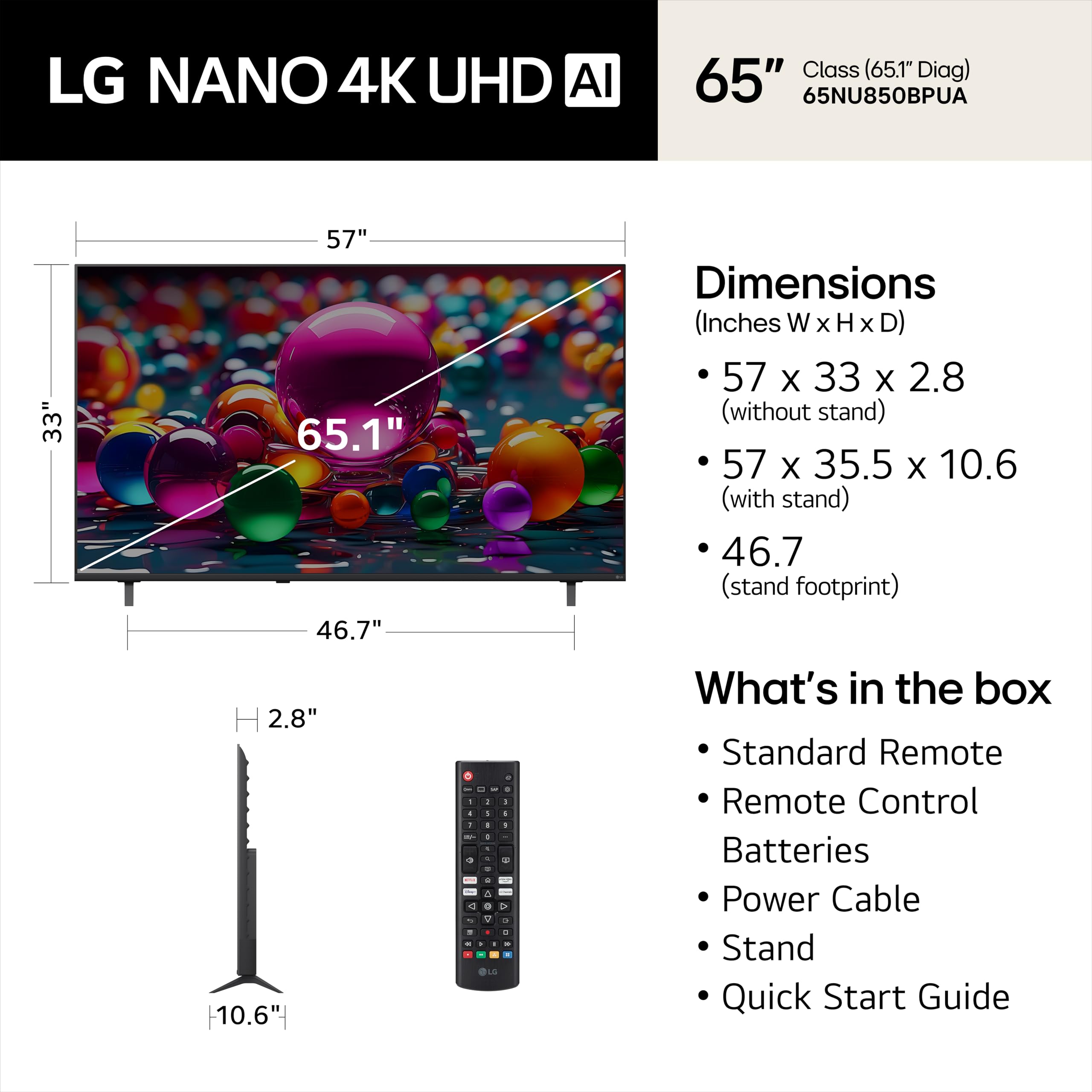 LG 65-Inch Class Nano AI 4K NU85 Series Smart TV w/AI Sound Pro, HDR10, AI 4K Super Upscaling, Filmmaker Mode, Wow Orchestra, Compatible with Alexa (65NU850BPUA, 2026)