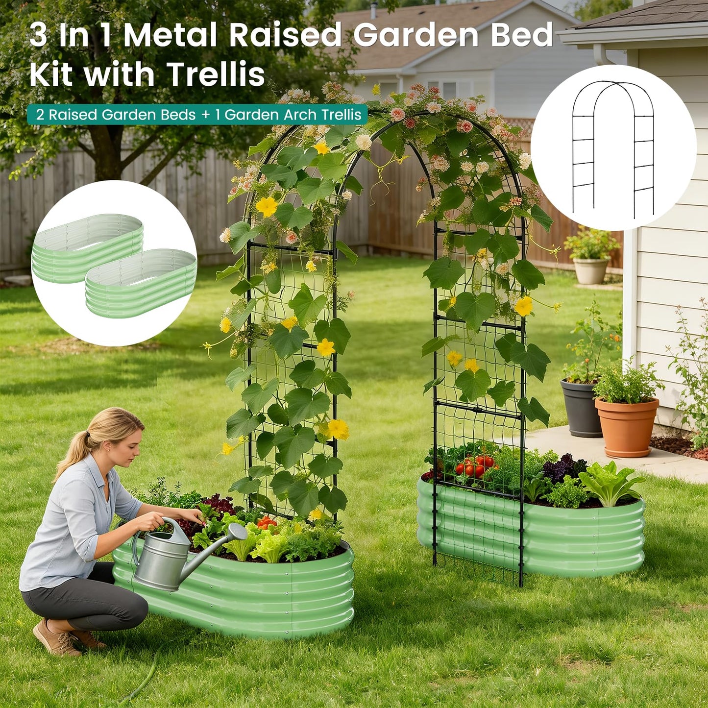 DoCred Raised Garden Bed with 87in Tall Arch Trellis for Climbing Plants, Galvanized Planter Garden Box Outdoor for Gardening, Climbing Vegetables, Flower
