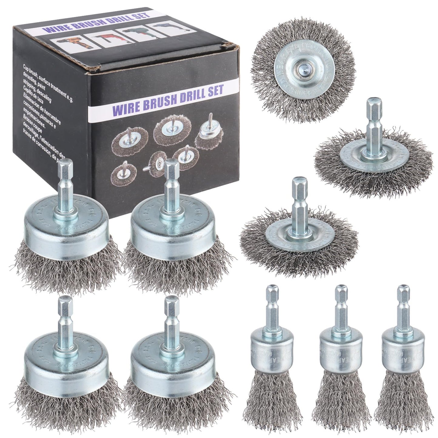 Rocaris Carbon Steel Wire Wheel Brush Set with 1/4-Inch Hex Shank - Cup, Wheel, Pen Brushes for Rust Removal, Corrosion and Scrub Surfaces