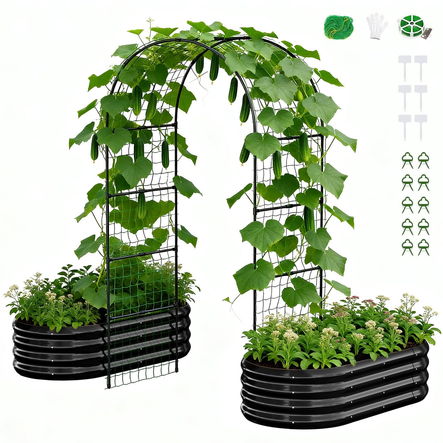 DoCred Raised Garden Bed with 87in Tall Arch Trellis for Climbing Plants, Galvanized Planter Garden Box Outdoor for Gardening, Climbing Vegetables, Flower