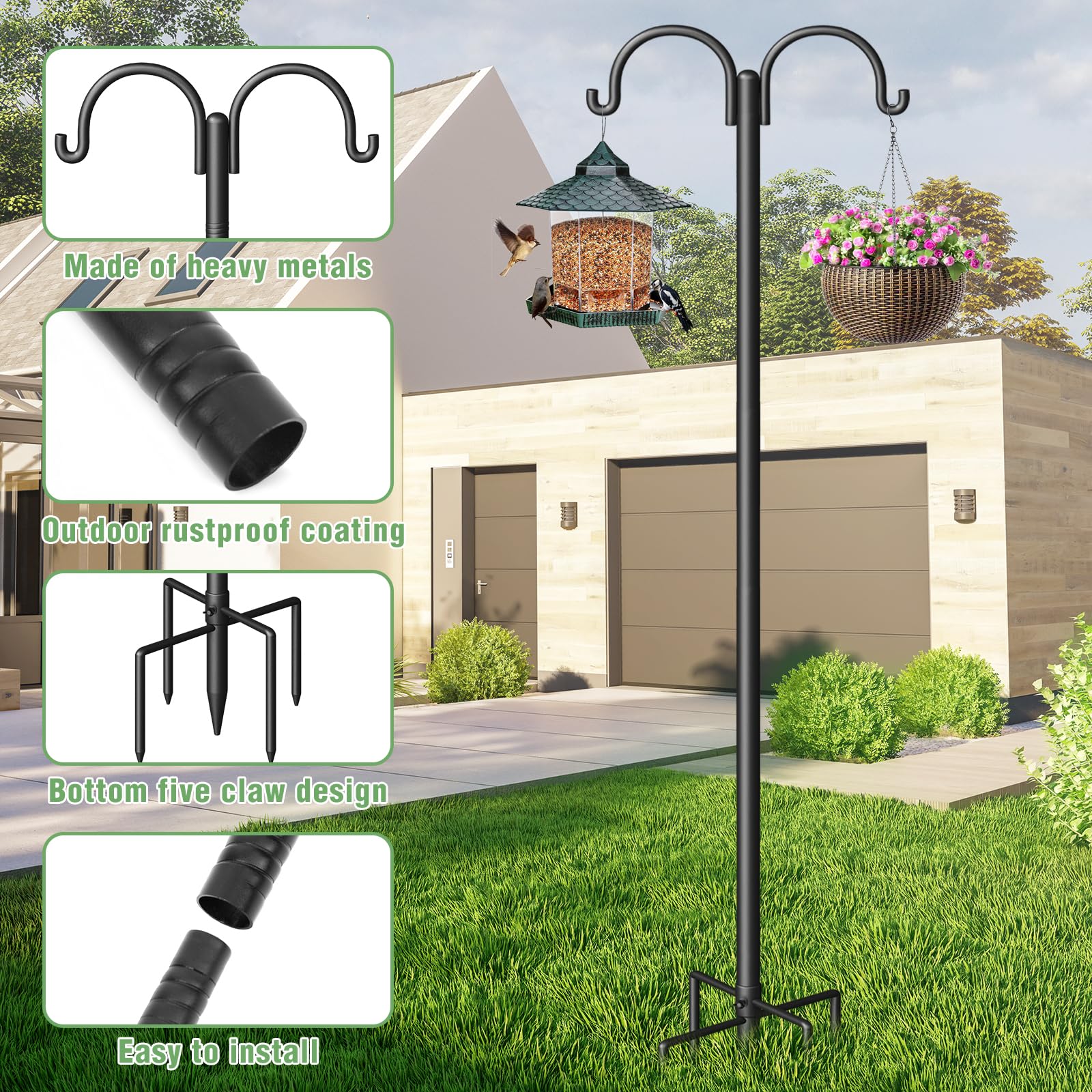 Surprizo Double Shepherds Hooks for Outdoor, Heavy Duty Bird Feeder Pole with 5-Prong Base - Rust-Proof, Adjustable Bird Feeder Hanger for Garden, Wedding Decor & Hanging Plants