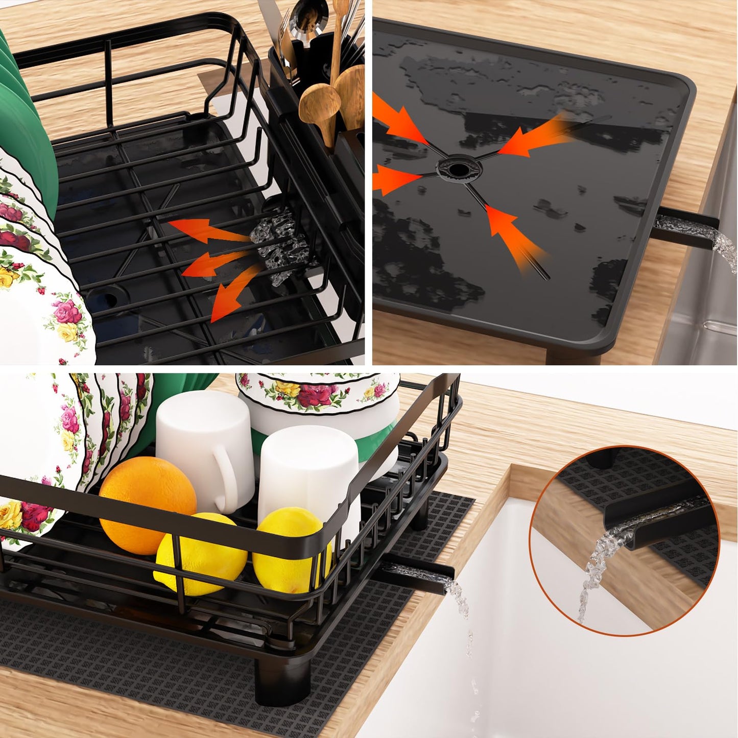 Godboat Dish Drying Rack, Dish Rack with Auto-Drain & Mat，2-Tier and 1-Tier, Black