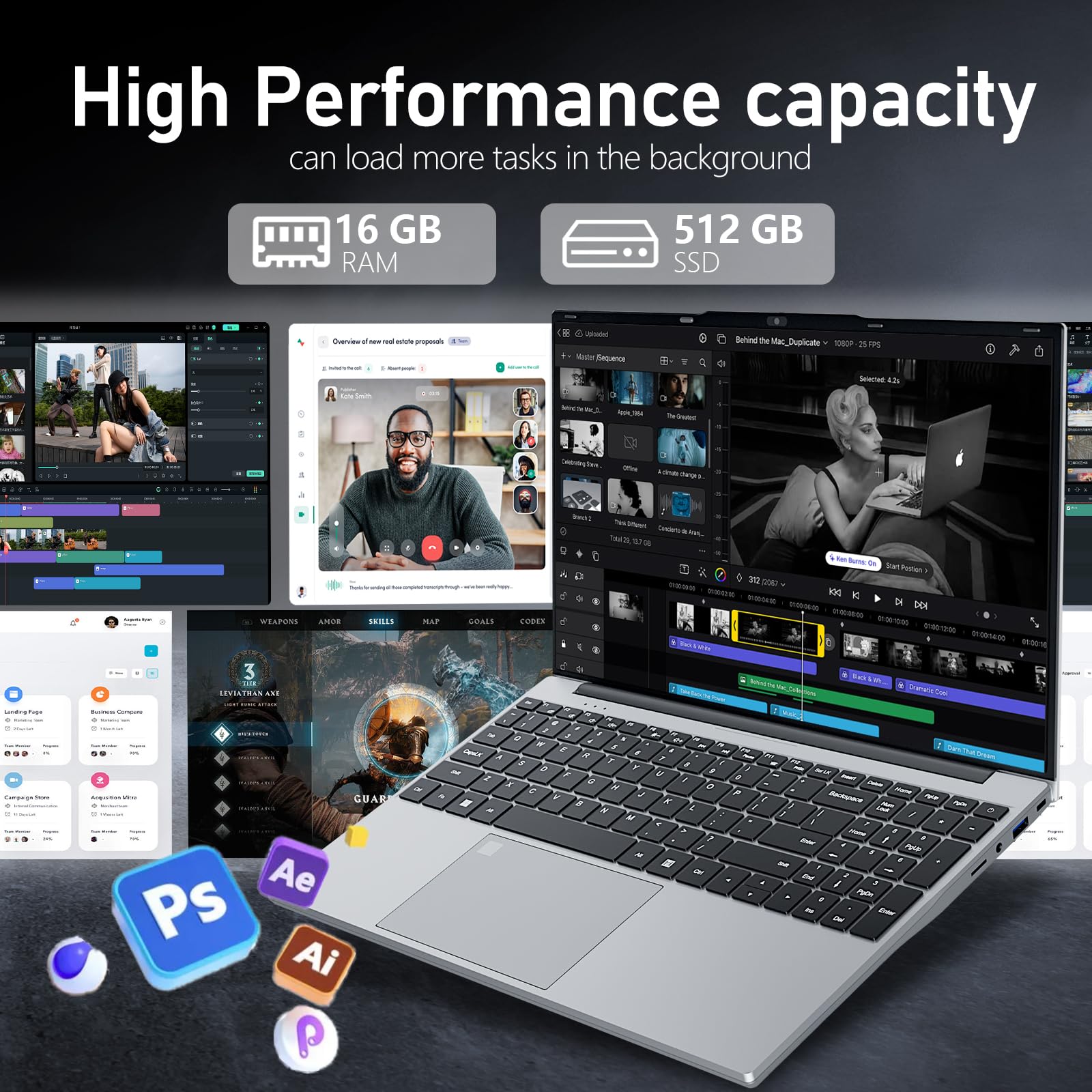 QLall 15.6 inch Laptops 16GB RAM DDR4 512GB SDD Portable Laptop Computer Cerelon N5095 Processor FHD 1920 * 1080 Laptop PC with Touch ID, WiFi5, BT4.2, USB 3.0,Traditional Laptops Computer