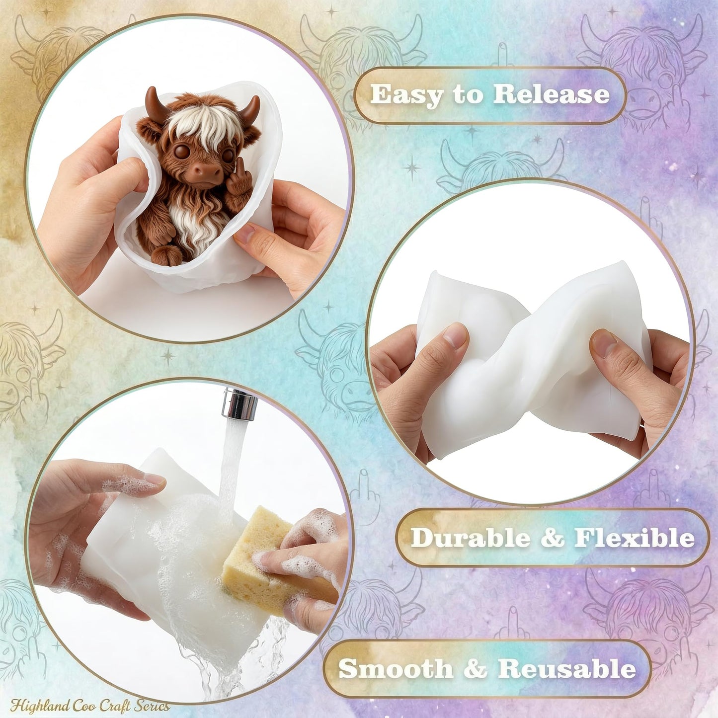 QUDYNZAL 1Pc 3D Highland Cow Resin Silicone Mold Funny Animal Epoxy Candle Mold for Resin Casting Candle Soap Making DIY Concrete Plaster Crafts Gag Gifts Quirky Desk Decor Easy Release
