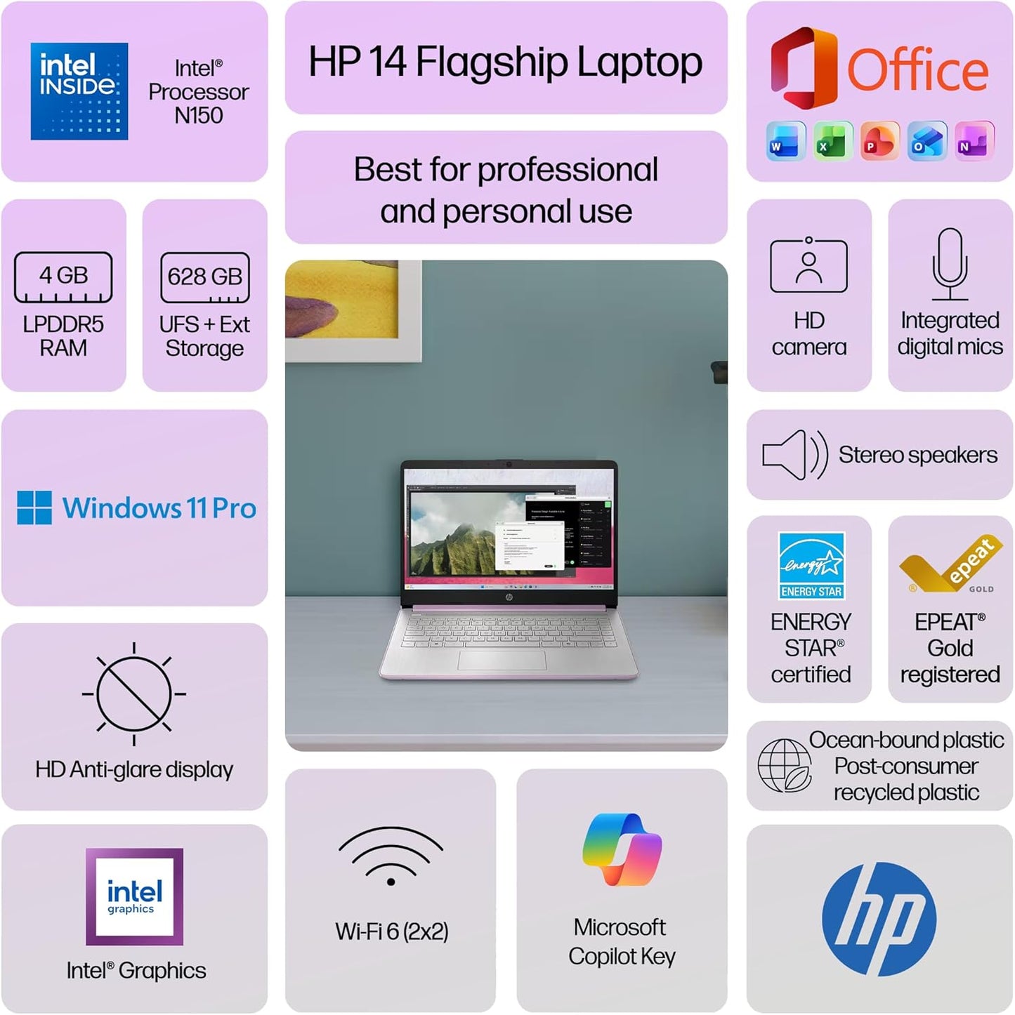 HP 14-inch Laptop Computer Intel Quad-Core 4GB RAM 628GB Storage