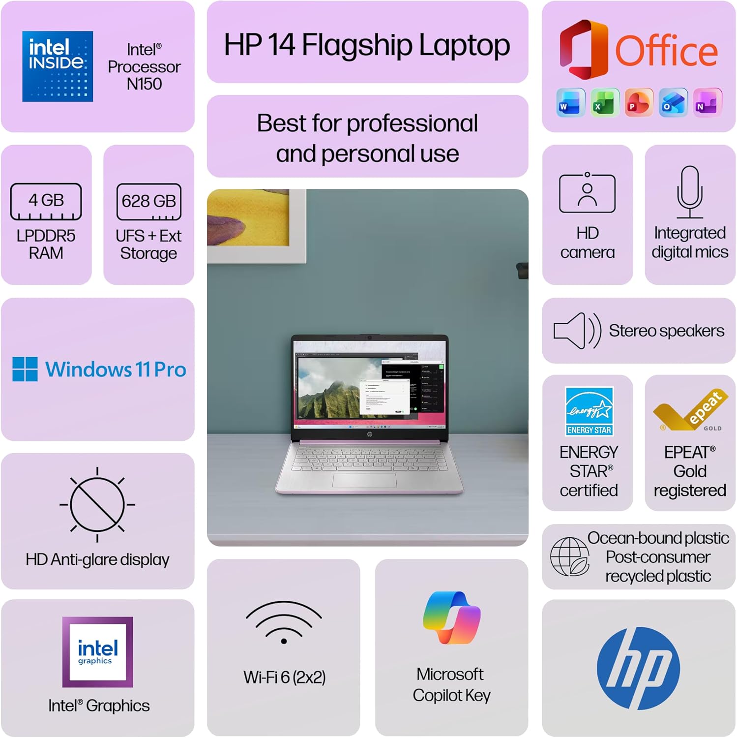 HP 14-inch Laptop Computer Intel Quad-Core 4GB RAM 628GB Storage