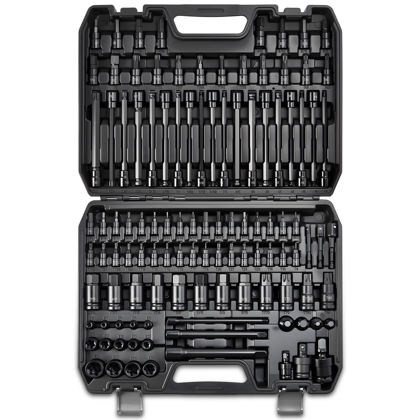 107-Piece Master Torx & Allen Bit Socket Set, S2 Steel, 1/4" 3/8" 1/2" Drive, Long Torx, Ball End Hex, Tamper-Resistant Star, E-Star Sockets, SAE & Metric