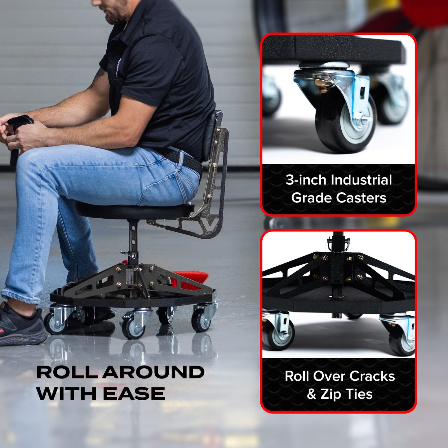 Vyper Robust Steel Sport Shop Chair for Mechanics, Automotive, DIY - Made in USA - 300 lb Capacity Garage Stool with Backrest and Large Wheels